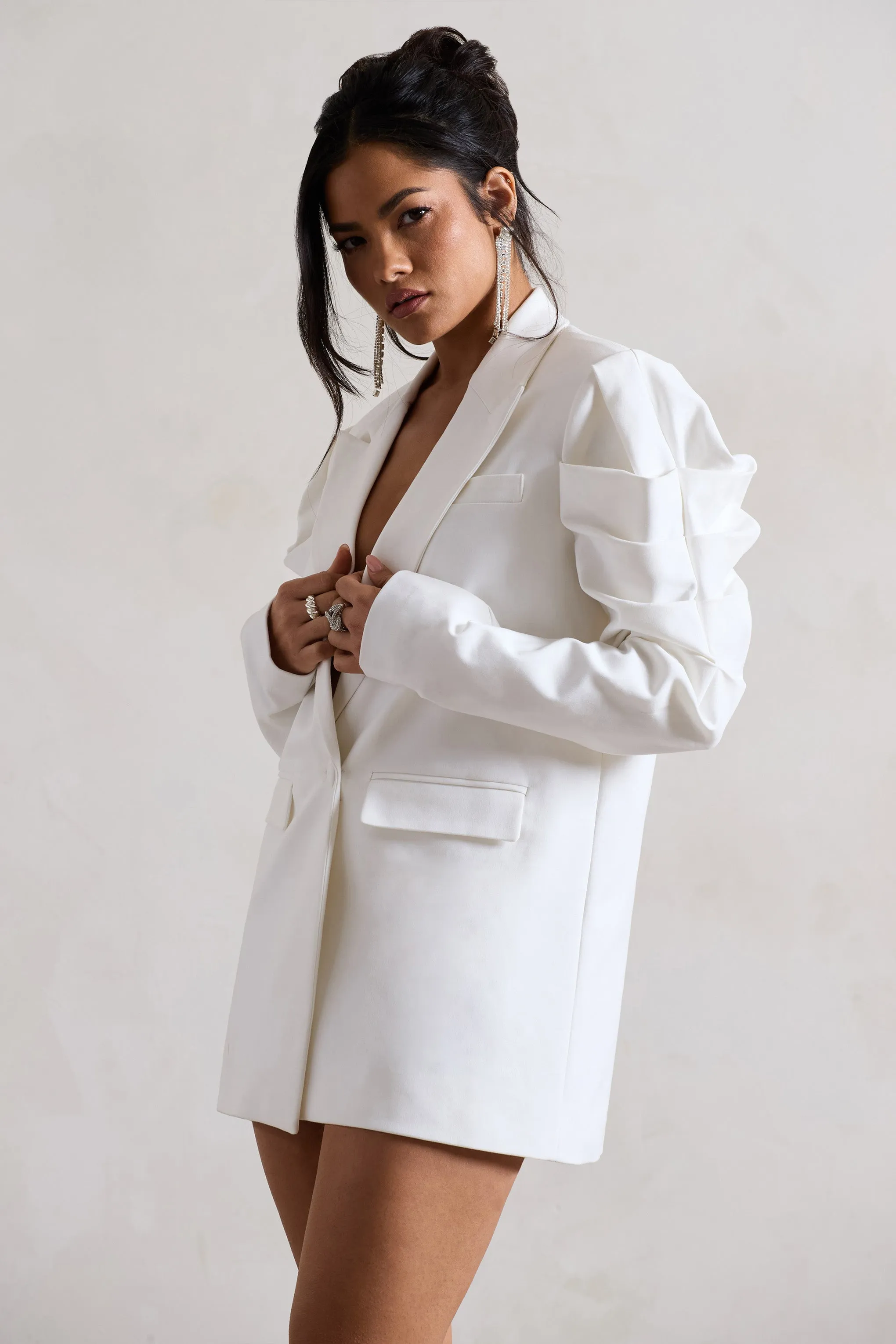 Metropolitan | White Cotton Oversized Blazer Mini Dress With Puff Sleeves sold by Club L London product image thumbnail 3