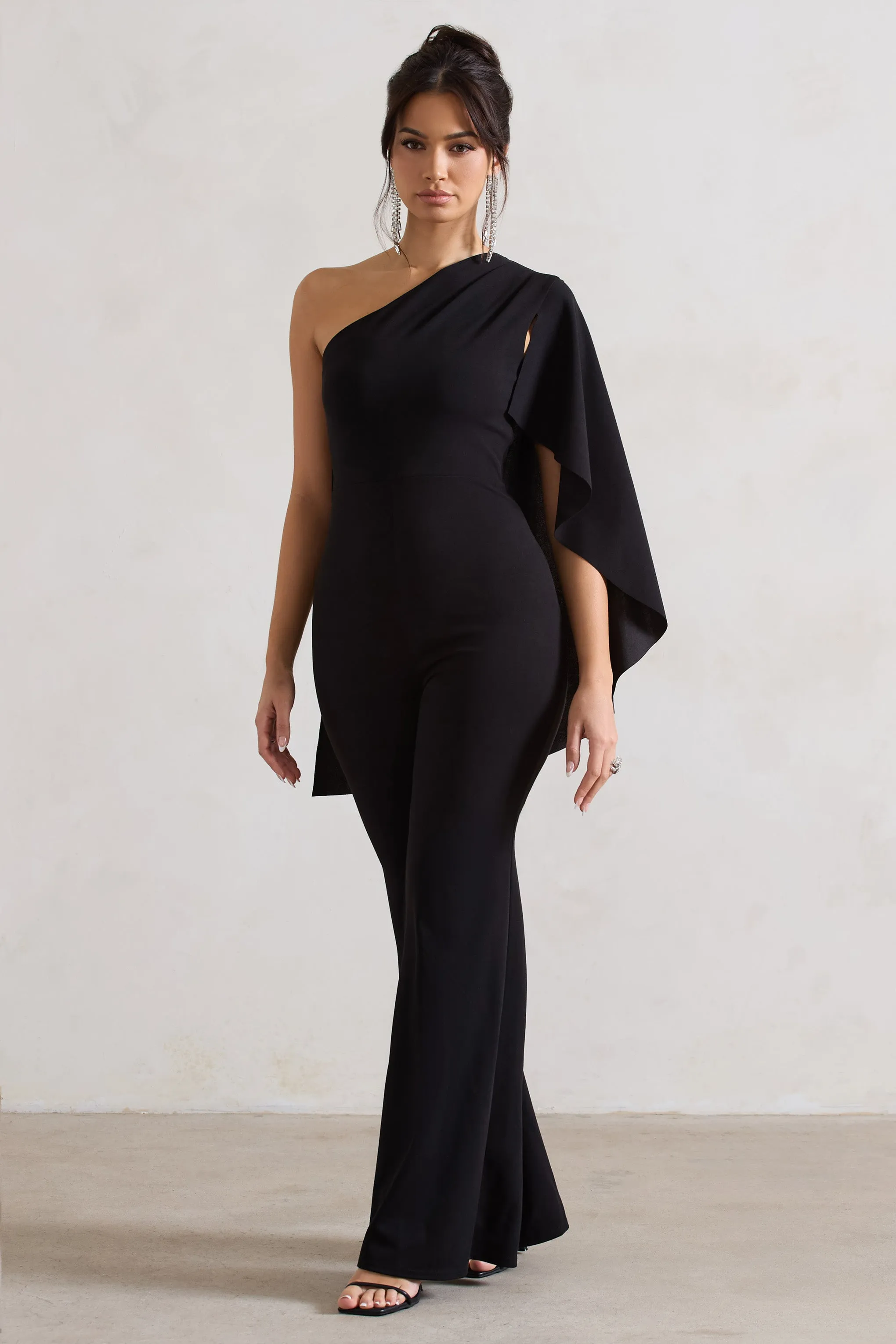 Pristine | Black One Shoulder Cape Sleeve Flared-Leg Jumpsuit sold by Club L London product image thumbnail 4