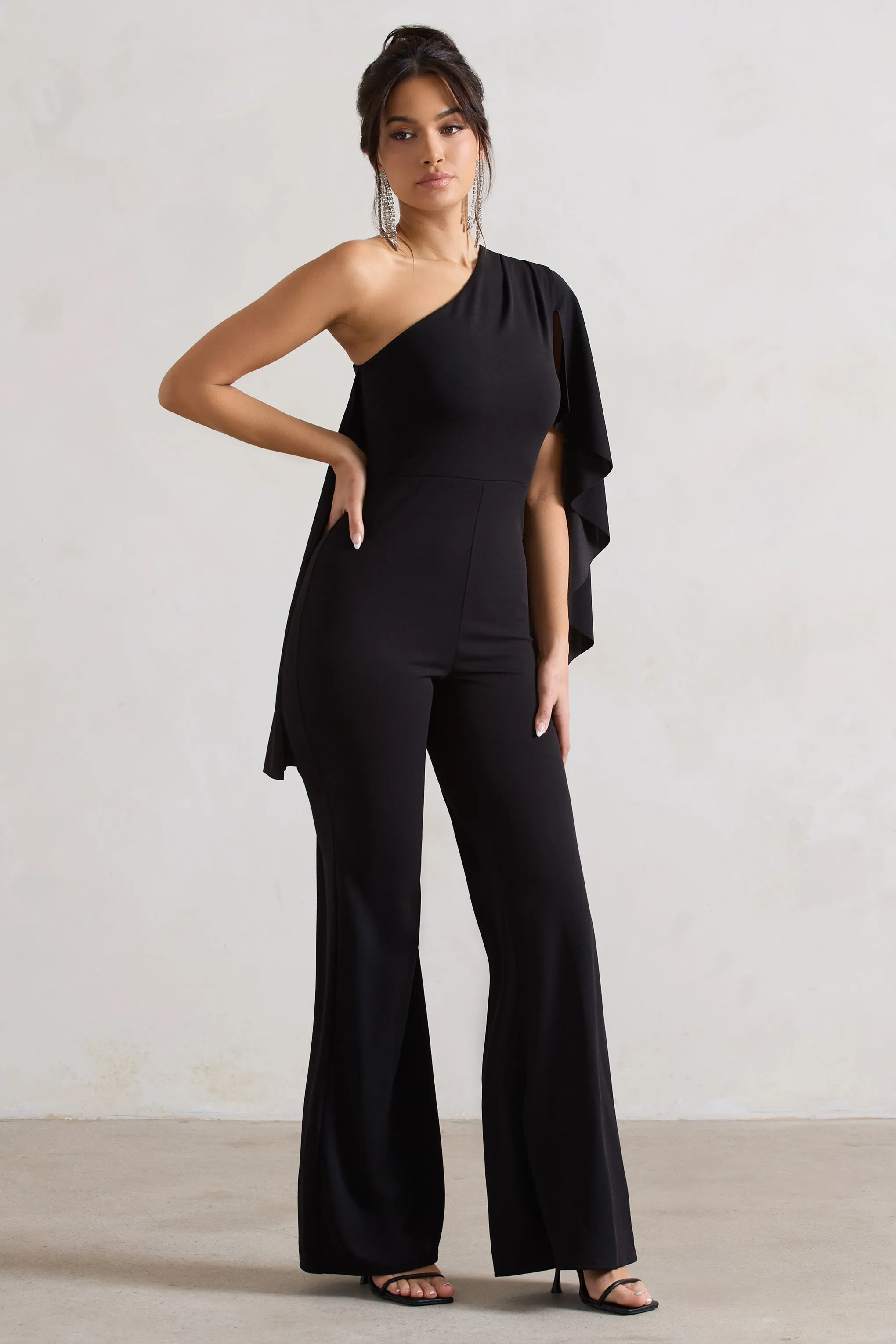 Pristine | Black One Shoulder Cape Sleeve Flared-Leg Jumpsuit sold by Club L London product image thumbnail 5