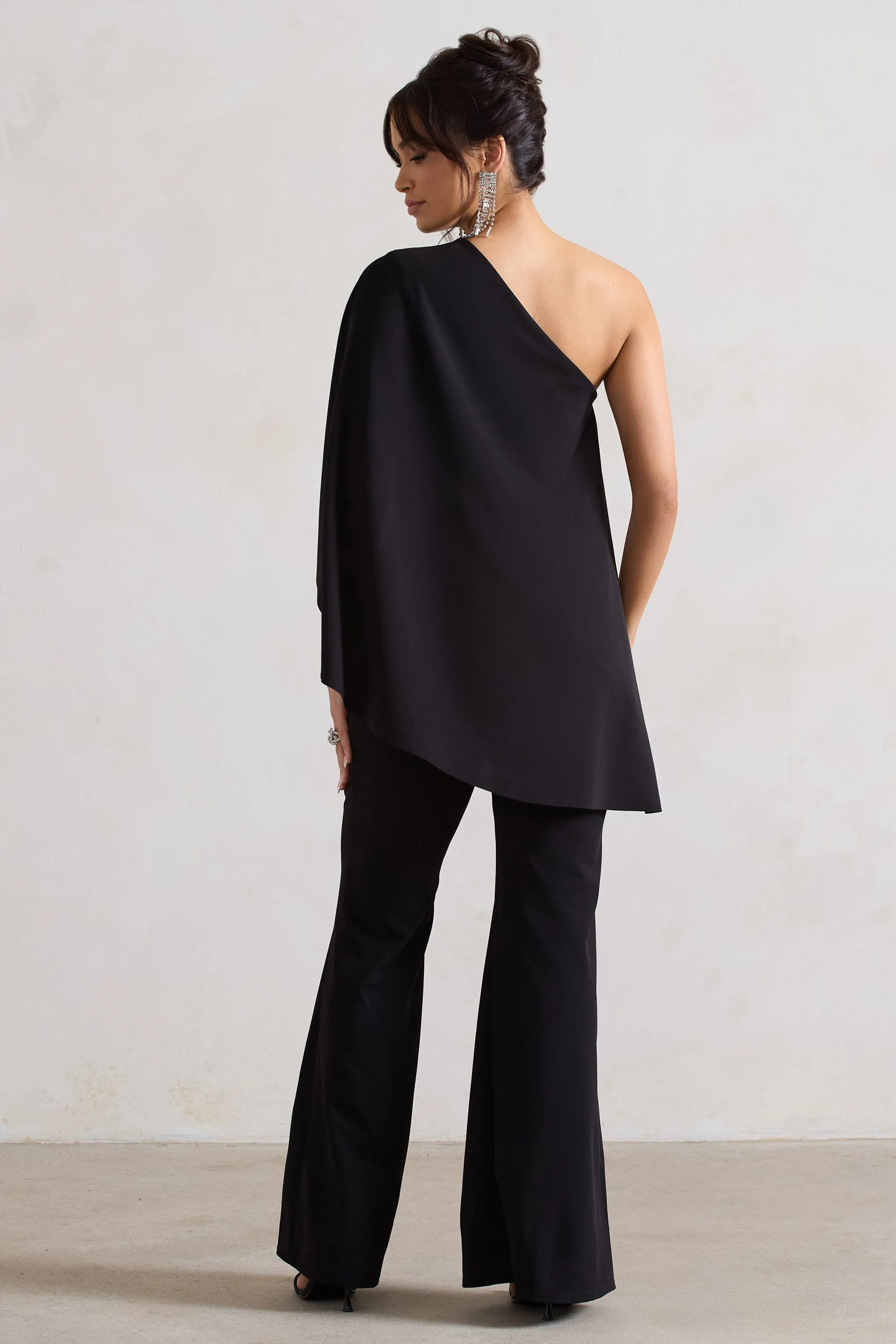 Pristine | Black One Shoulder Cape Sleeve Flared-Leg Jumpsuit sold by Club L London product image thumbnail 2