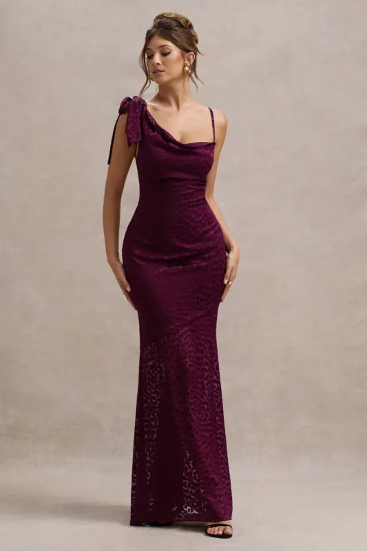 Sangria | Burgundy Satin Jacquard Cowl-Neck Maxi Dress sold by Club L London