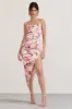 Risk It All | Blush Pink Floral Print Satin Cowl Asymmetric Midi Dress sold by Club L London