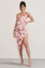 Risk It All | Blush Pink Floral Print Satin Cowl Asymmetric Midi Dress sold by Club L London
