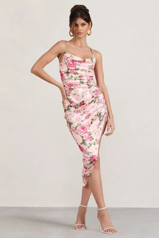 Risk It All | Blush Pink Floral Print Satin Cowl Asymmetric Midi Dress sold by Club L London