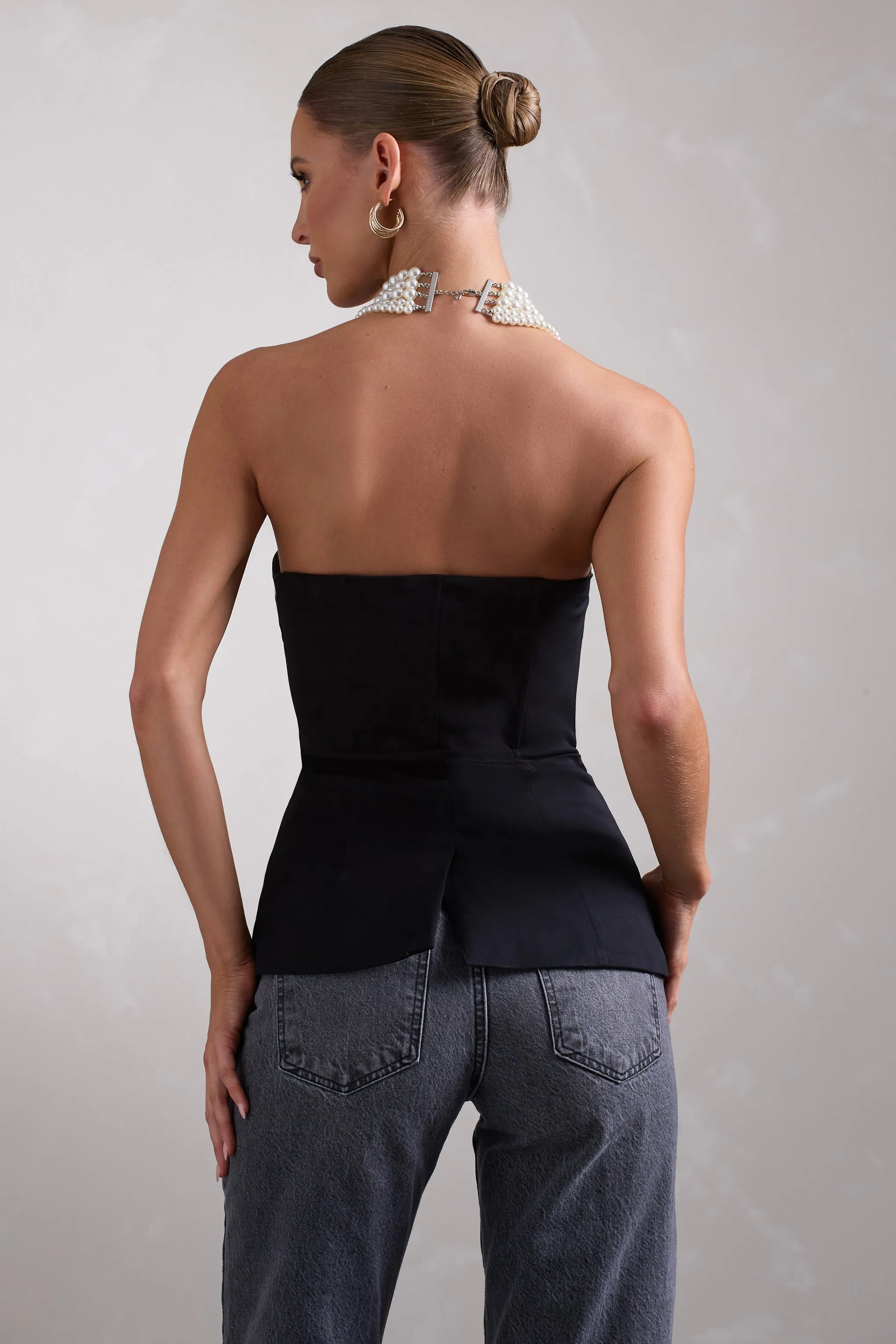 Illusive | Black Satin-Blend Strapless Panelled Corset Top sold by Club L London product image thumbnail 2