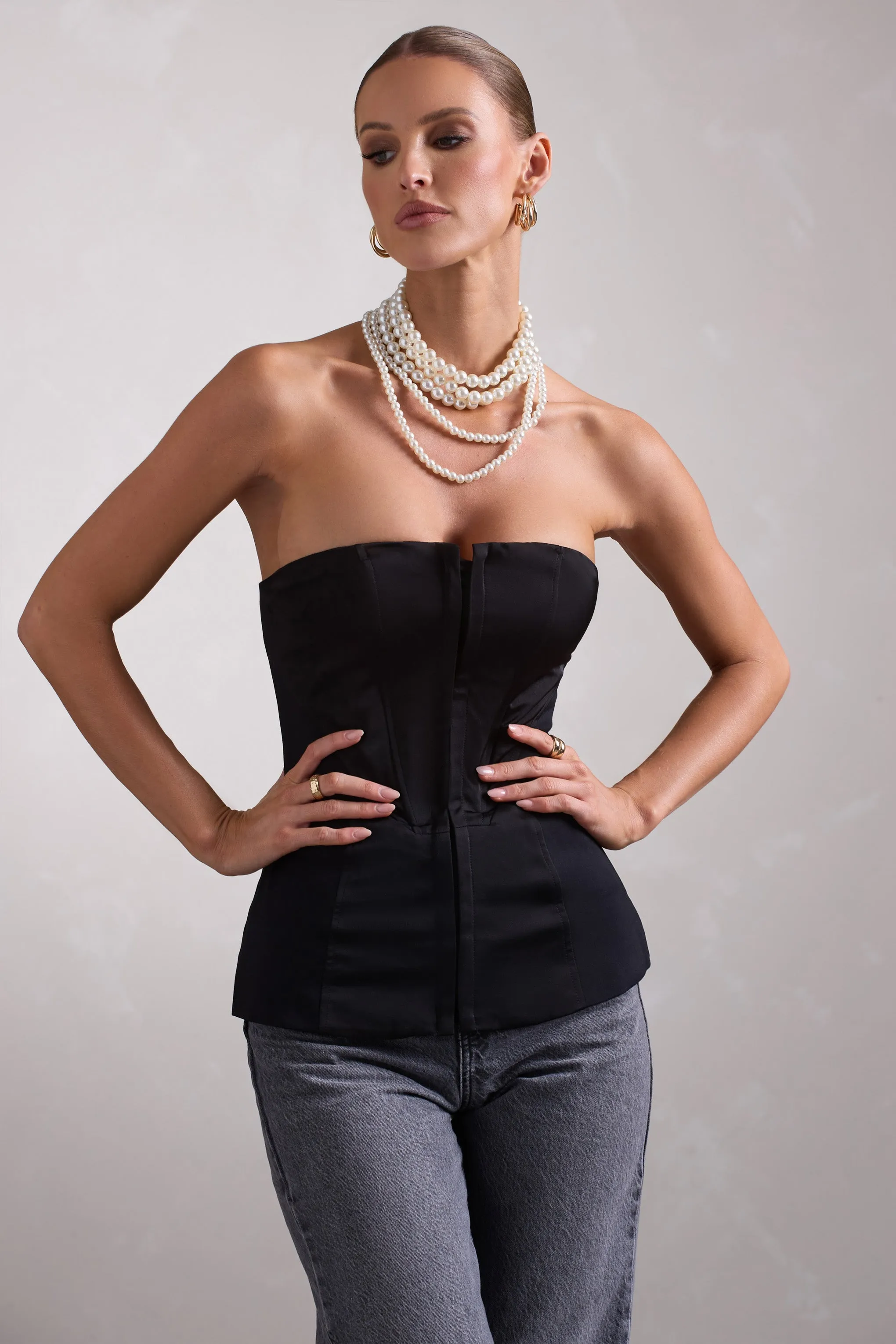 Illusive | Black Satin-Blend Strapless Panelled Corset Top sold by Club L London