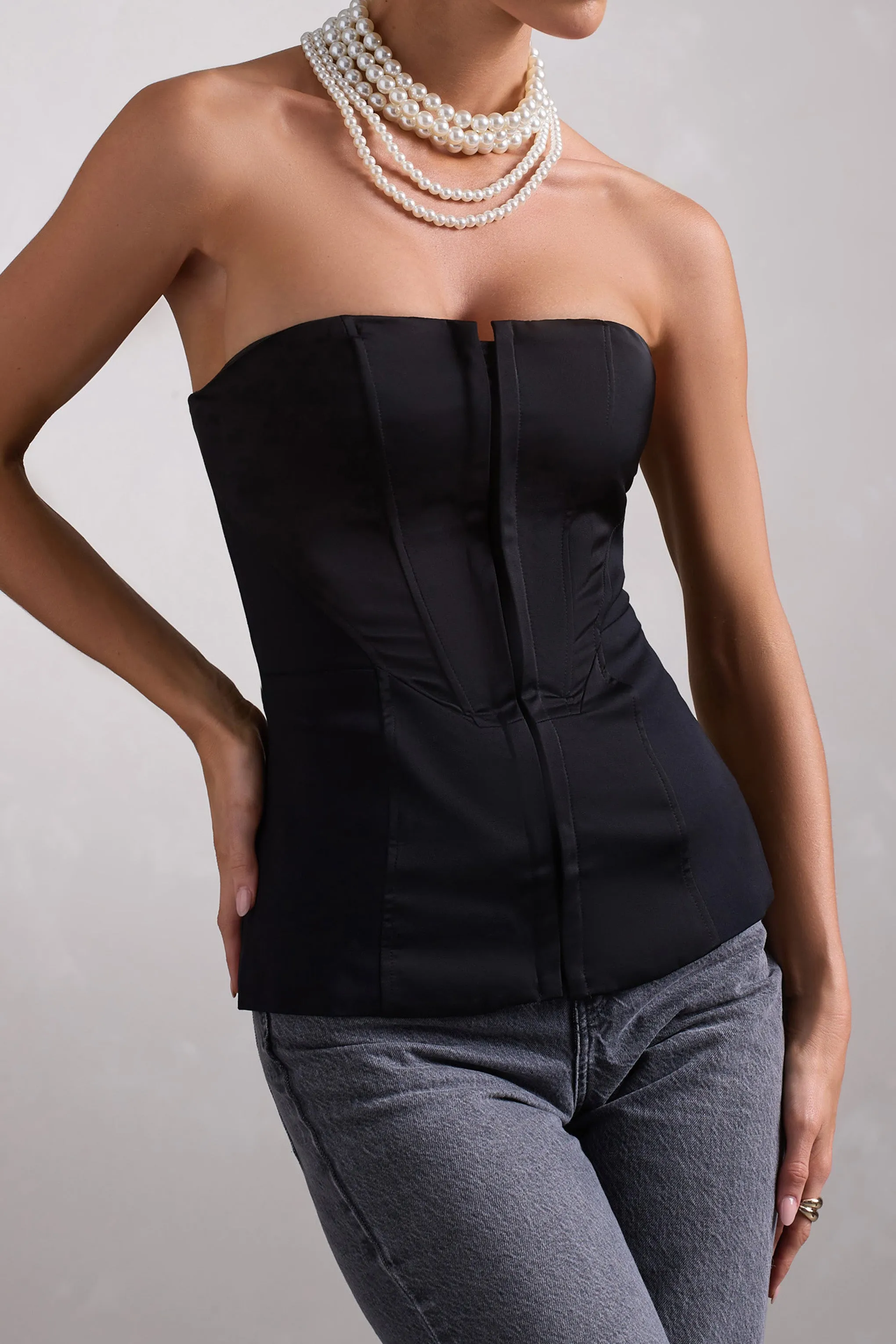 Illusive | Black Satin-Blend Strapless Panelled Corset Top sold by Club L London product image thumbnail 4