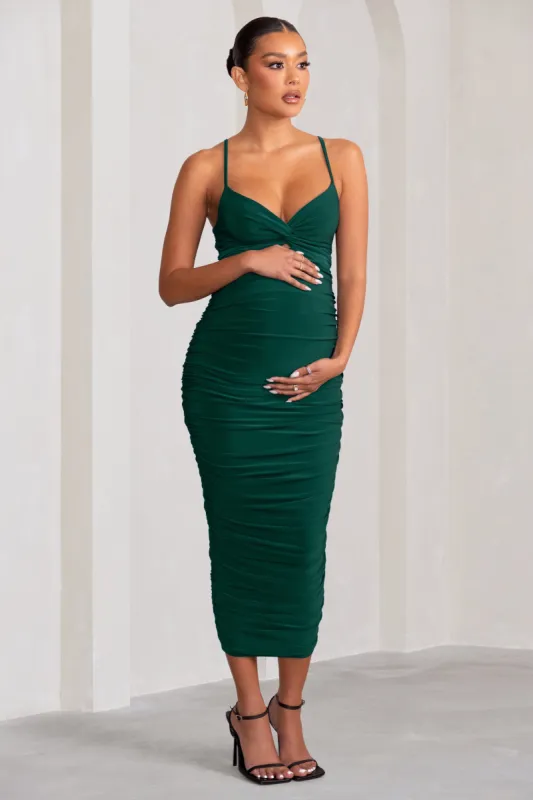 Desired | Bottle Green Maternity Cami Midi Dress with Twist Plunge sold by Club L London