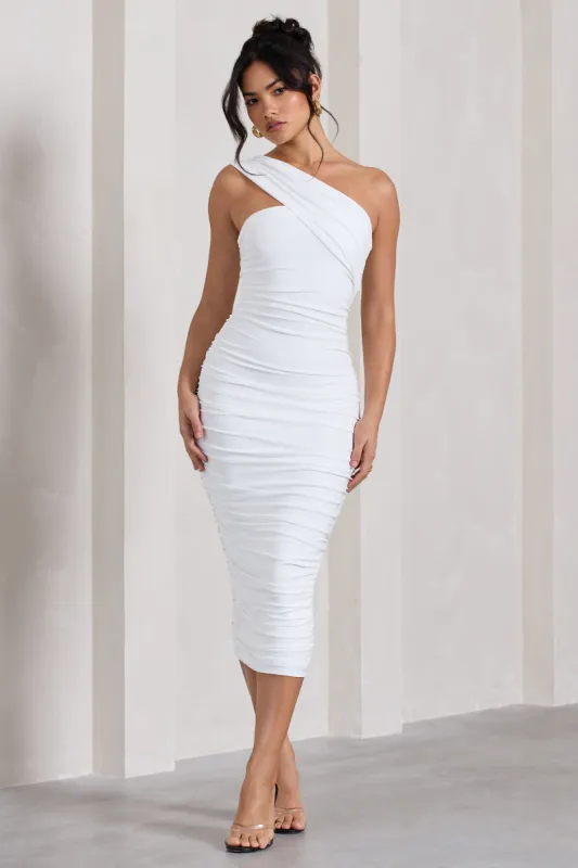 Contour | White One Shoulder Bodycon Midi Dress sold by Club L London