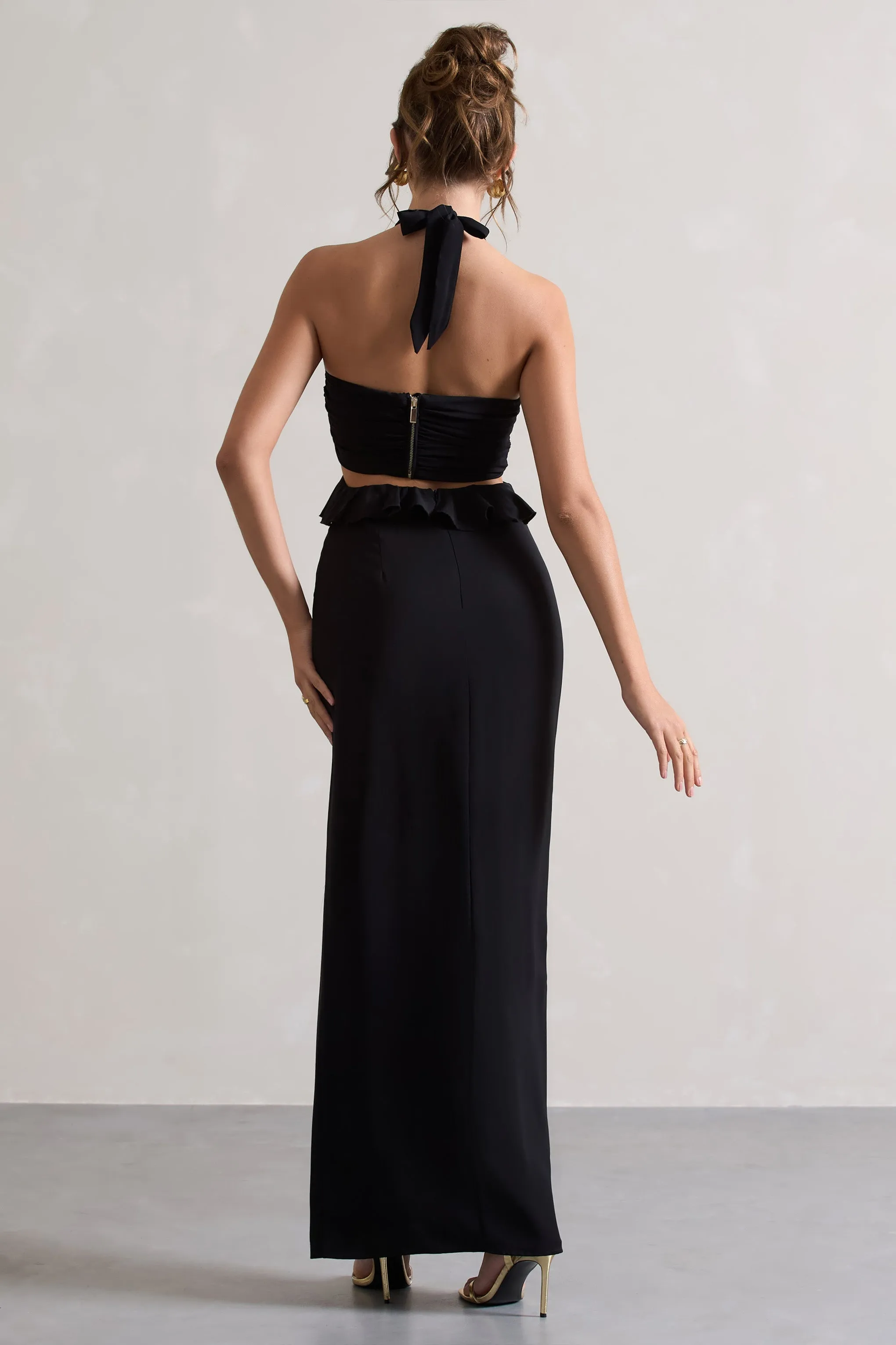 Powerful | Black Cut-Out Halter-Neck Maxi Dress With Flower & Ruffles sold by Club L London product image thumbnail 2