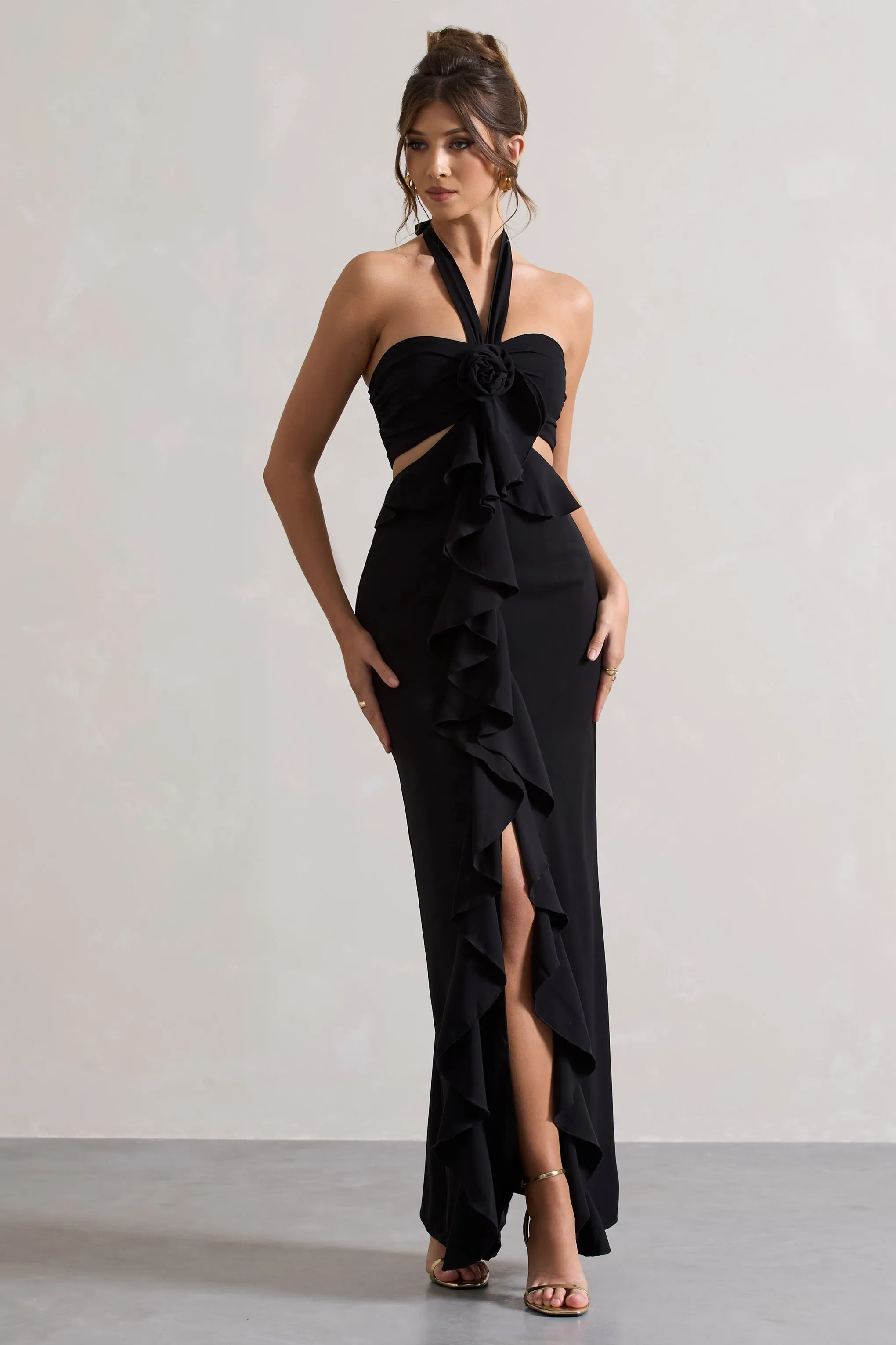 Powerful | Black Cut-Out Halter-Neck Maxi Dress With Flower & Ruffles sold by Club L London