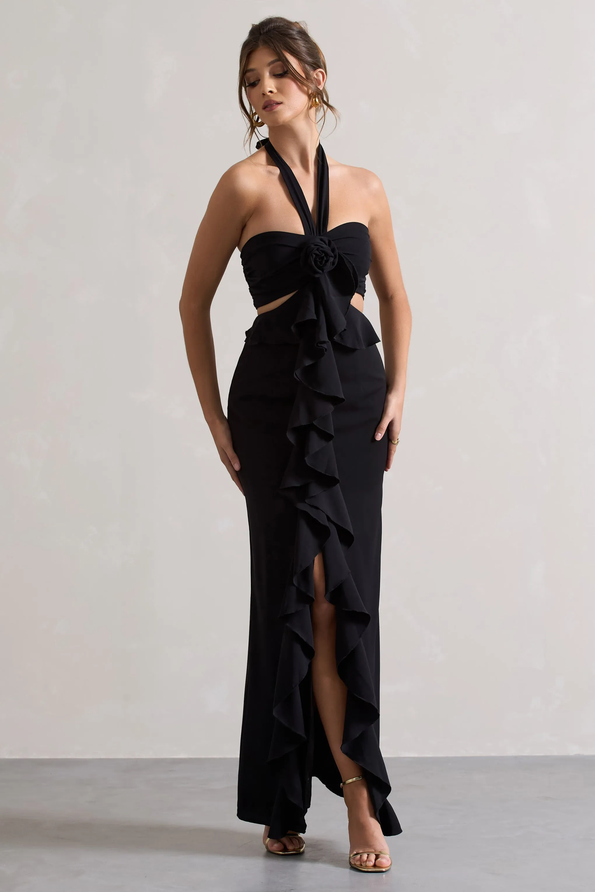 Powerful | Black Cut-Out Halter-Neck Maxi Dress With Flower & Ruffles sold by Club L London product image thumbnail 5