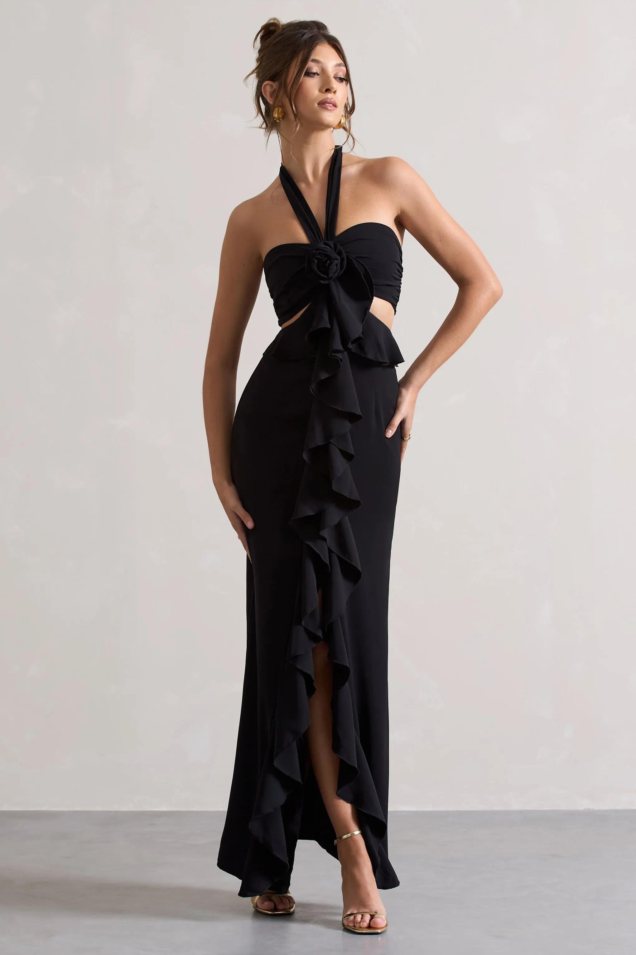 Powerful | Black Cut-Out Halter-Neck Maxi Dress With Flower & Ruffles sold by Club L London product image thumbnail 4
