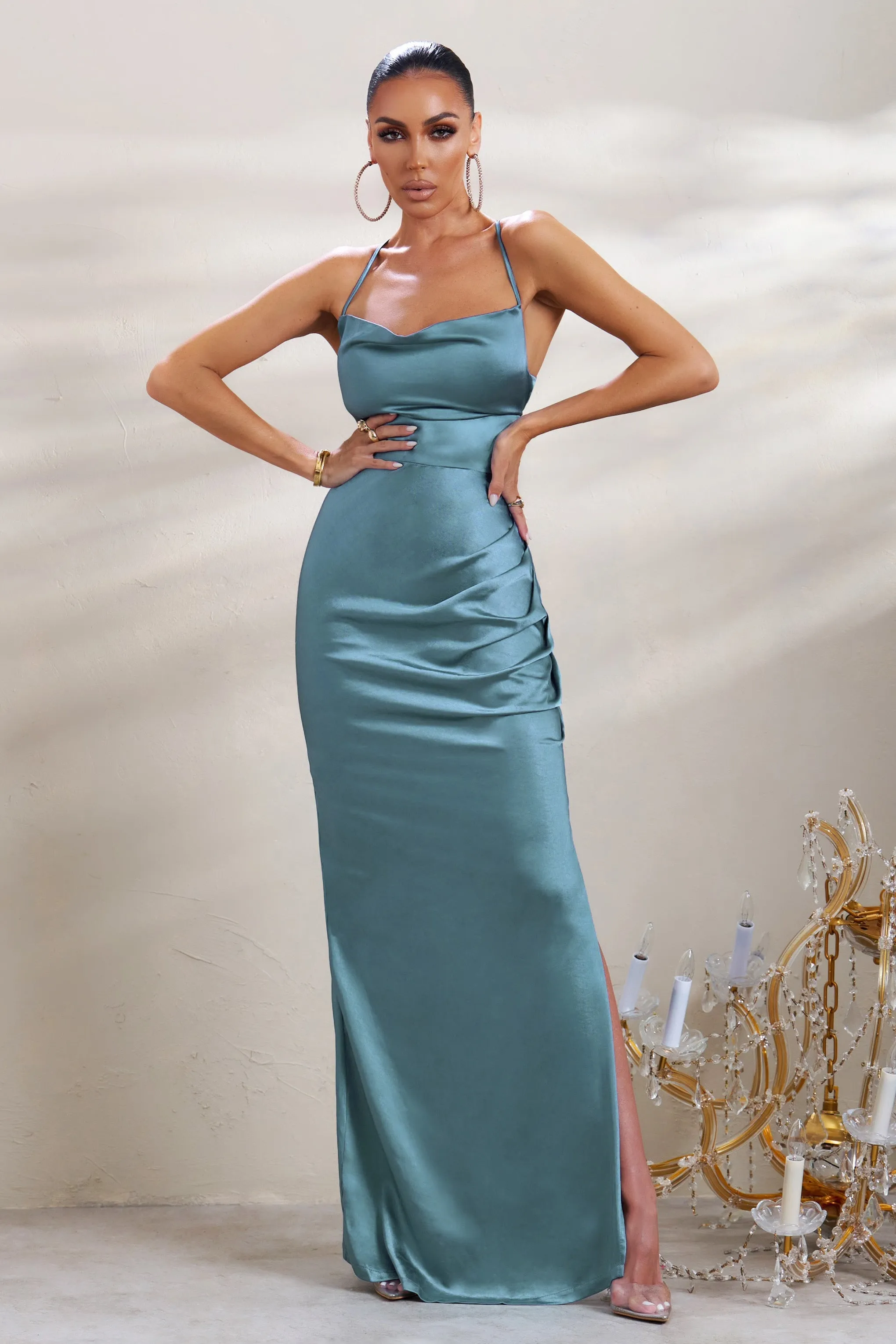 A-List | Blue Satin Cowl Maxi Dress With Thigh Split sold by Club L London