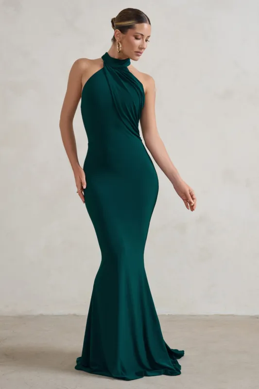 Marion | Green High Neck Maxi Dress With Statement Train sold by Club L London