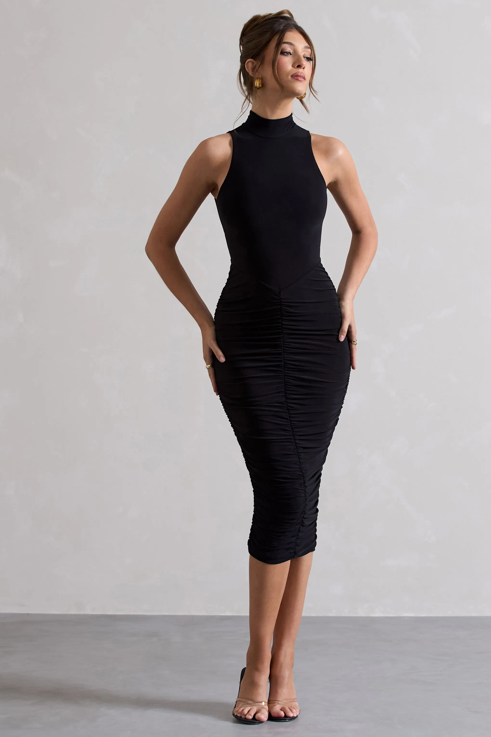 Sidnie | Black Ruched Bodycon High-Neck Midi Dress sold by Club L London