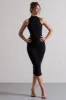 Sidnie | Black Ruched Bodycon High-Neck Midi Dress sold by Club L London