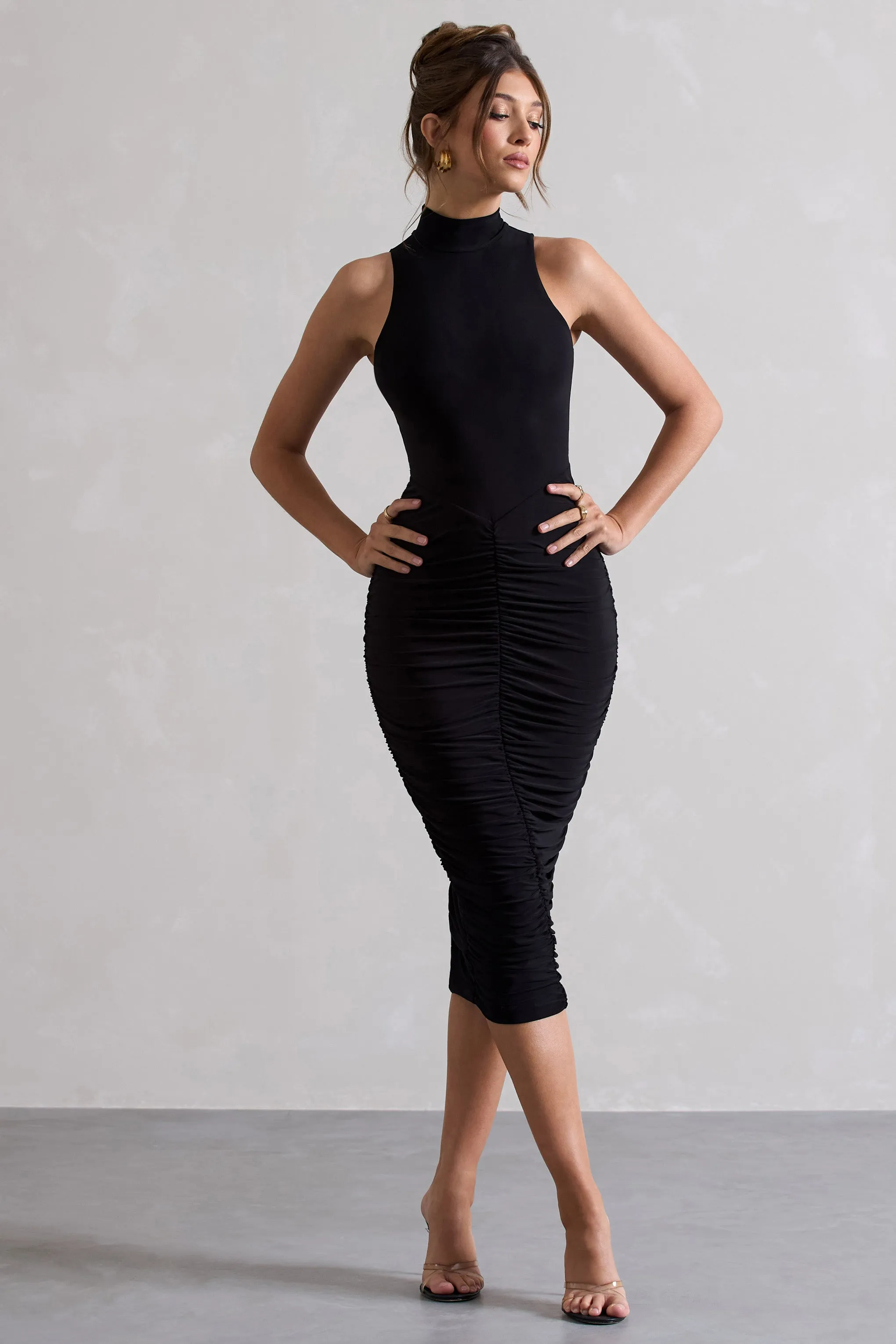 Sidnie | Black Ruched Bodycon High-Neck Midi Dress sold by Club L London product image thumbnail 4