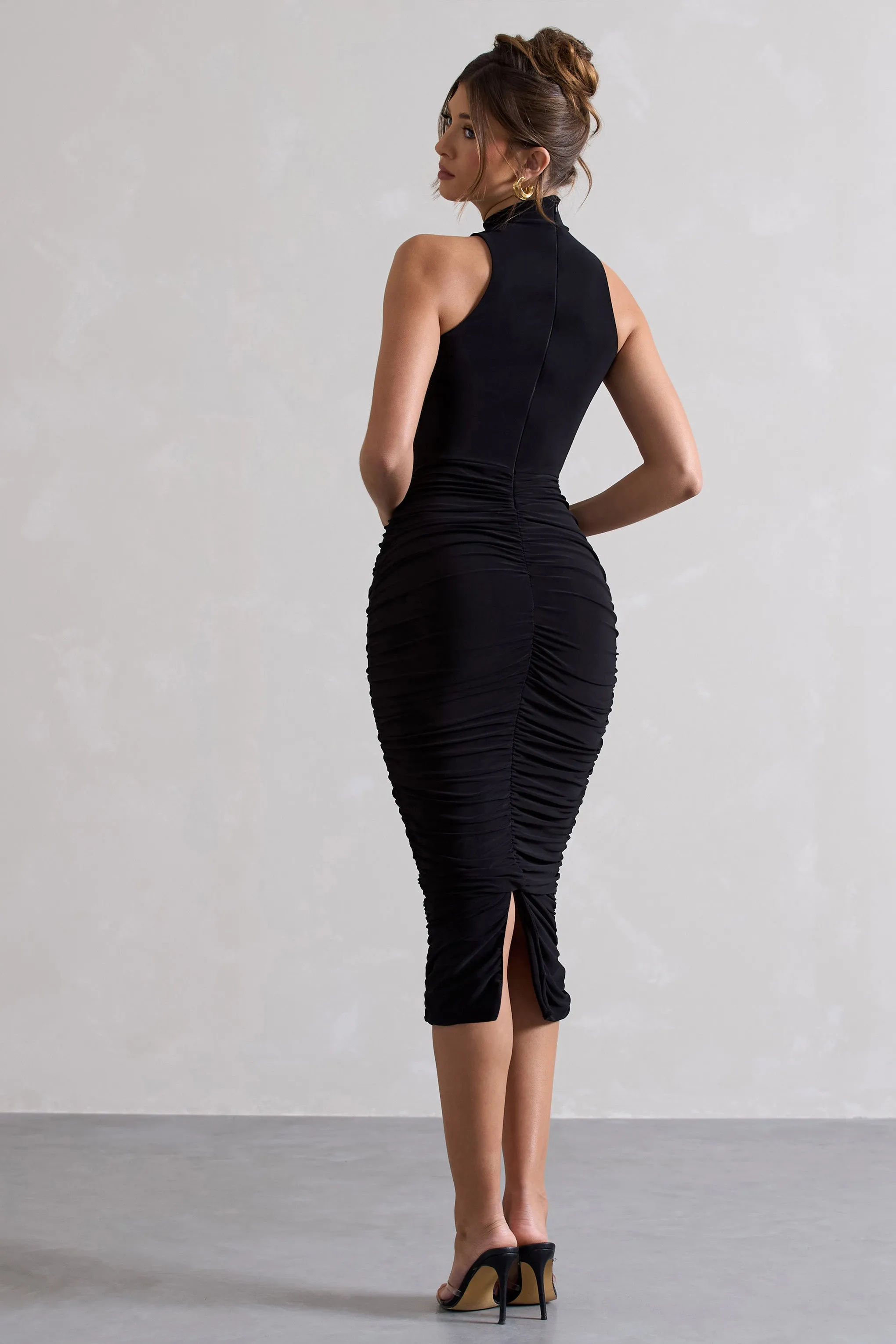 Sidnie | Black Ruched Bodycon High-Neck Midi Dress sold by Club L London product image thumbnail 2