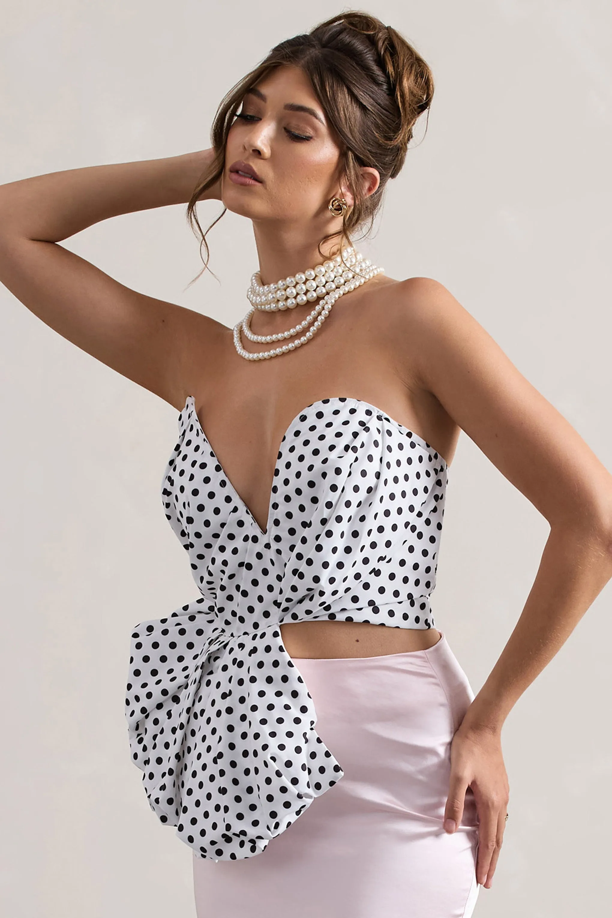 Haute | Cream Polka Dot Asymmetric Plunge-Neck Corset With Ruffle sold by Club L London product image thumbnail 4