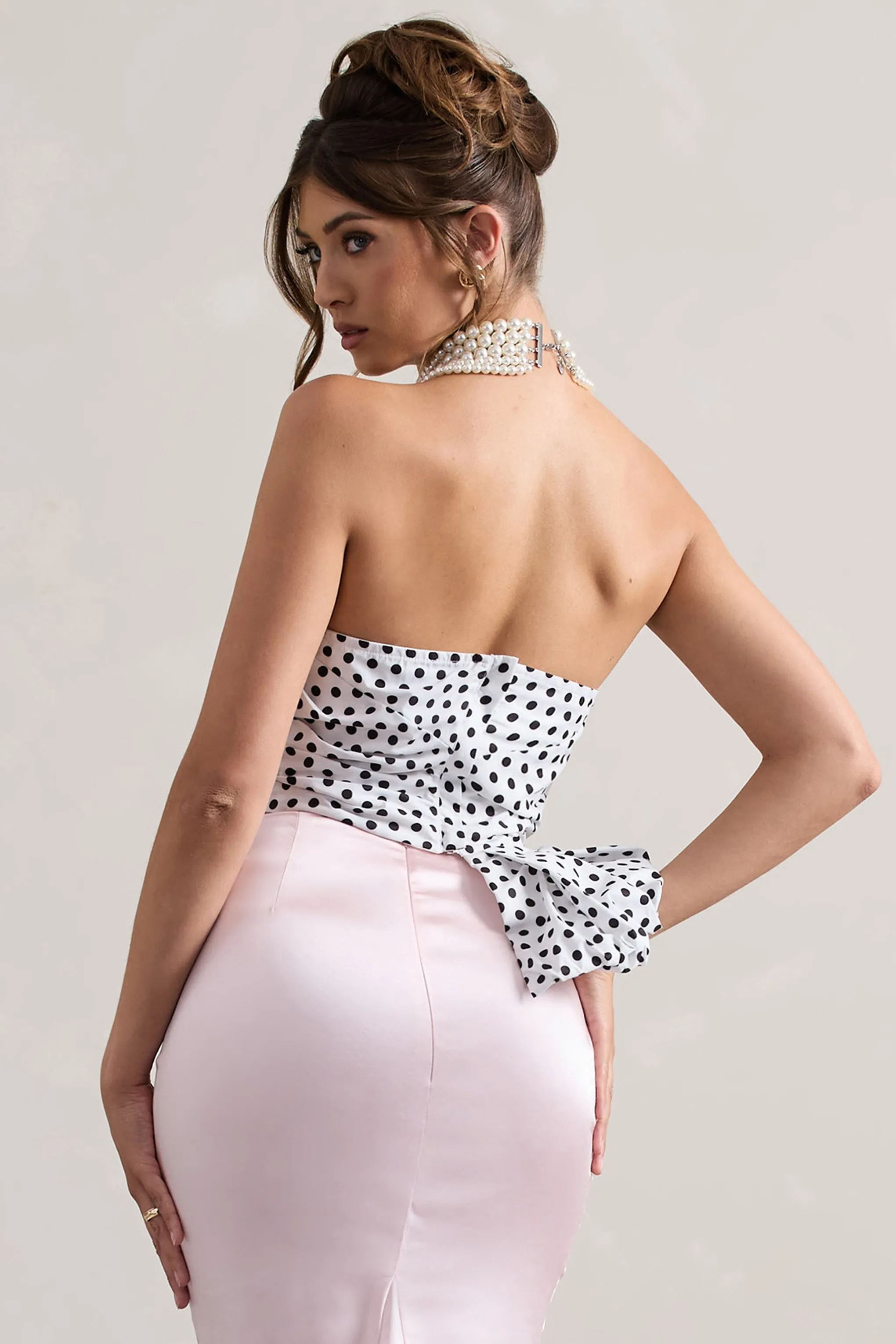 Haute | Cream Polka Dot Asymmetric Plunge-Neck Corset With Ruffle sold by Club L London product image thumbnail 2