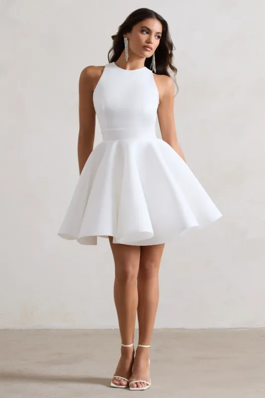 Waverly | White Racer-Neck Sleeveless Skater Mini Dress sold by Club L London