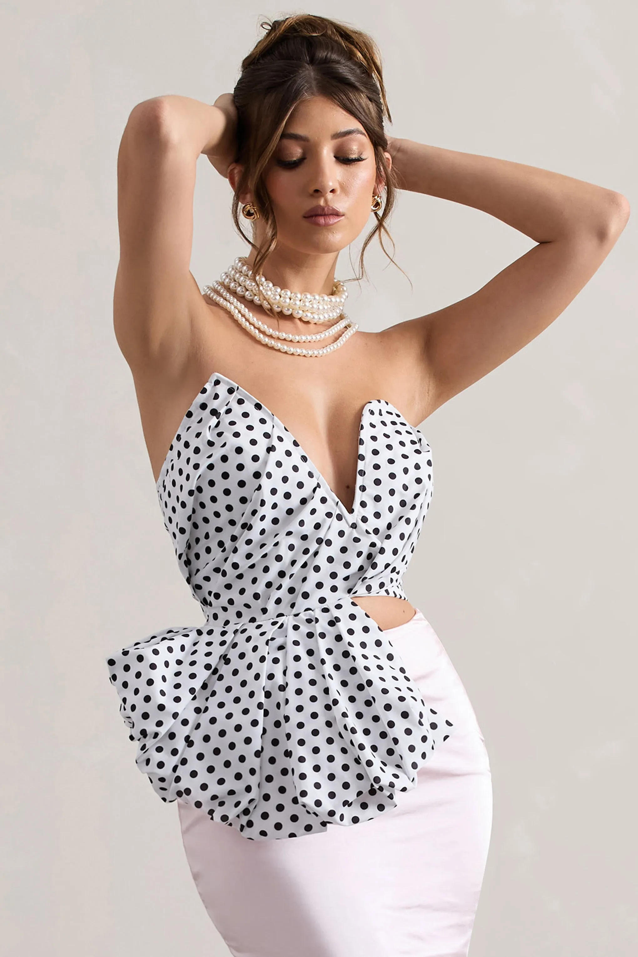 Haute | Cream Polka Dot Asymmetric Plunge-Neck Corset With Ruffle sold by Club L London product image thumbnail 5