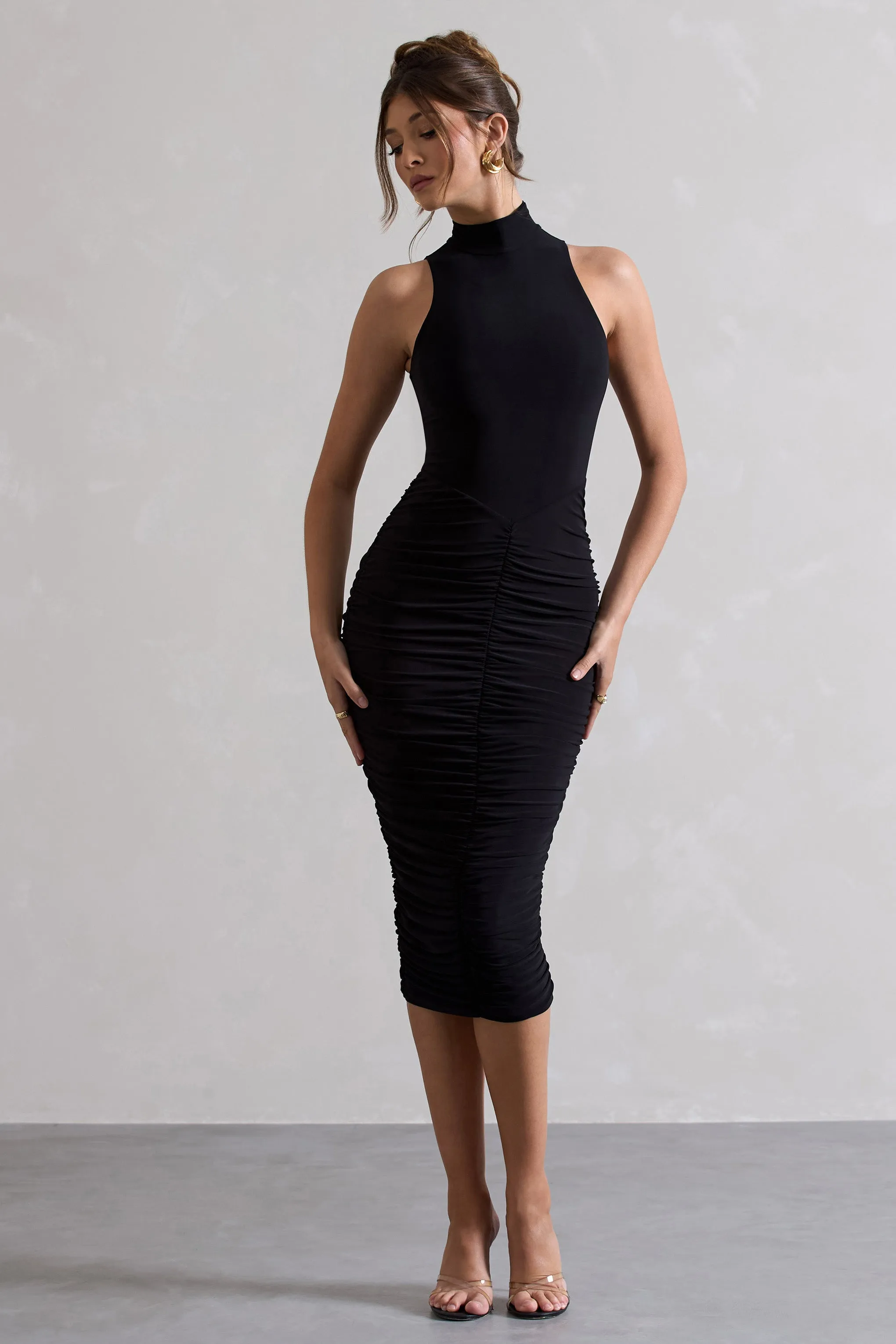 Sidnie | Black Ruched Bodycon High-Neck Midi Dress sold by Club L London product image thumbnail 5