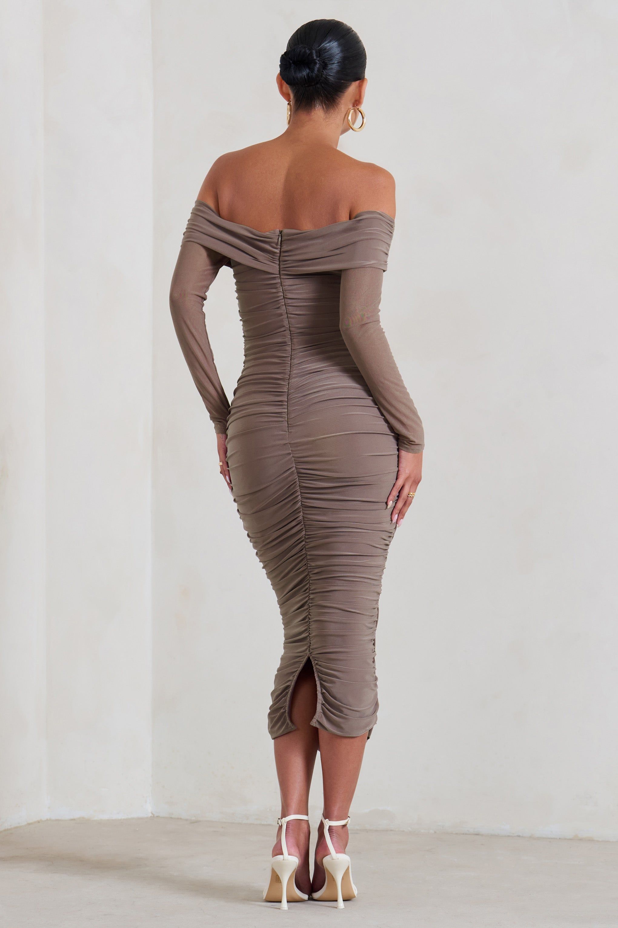 Neva | Mocha Bardot Twist Maternity Midi Dress sold by Club L London product image thumbnail 2