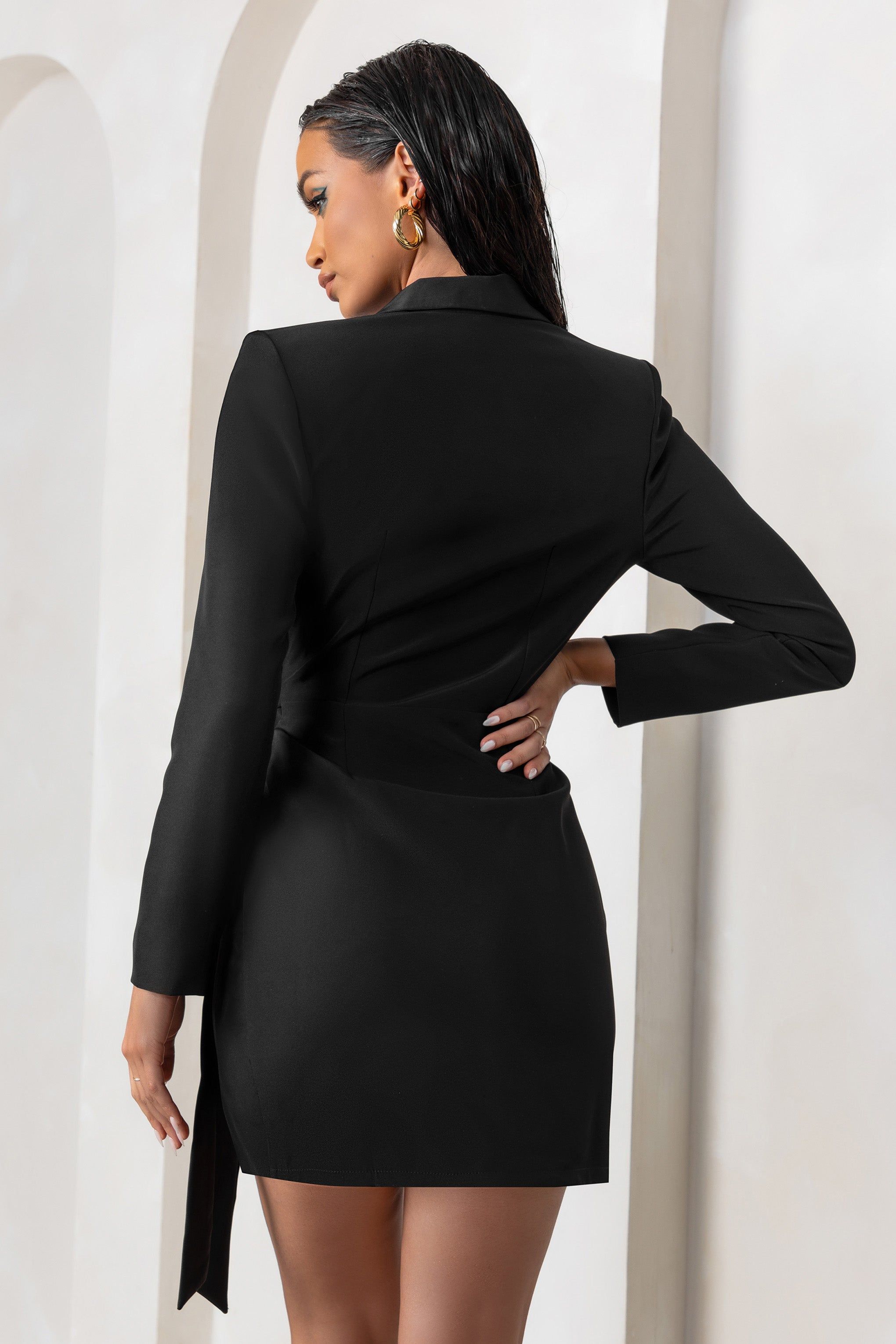 Ariel | Black Plunge Neck Tie Waist Tailored Blazer Mini Dress sold by Club L London product image thumbnail 2