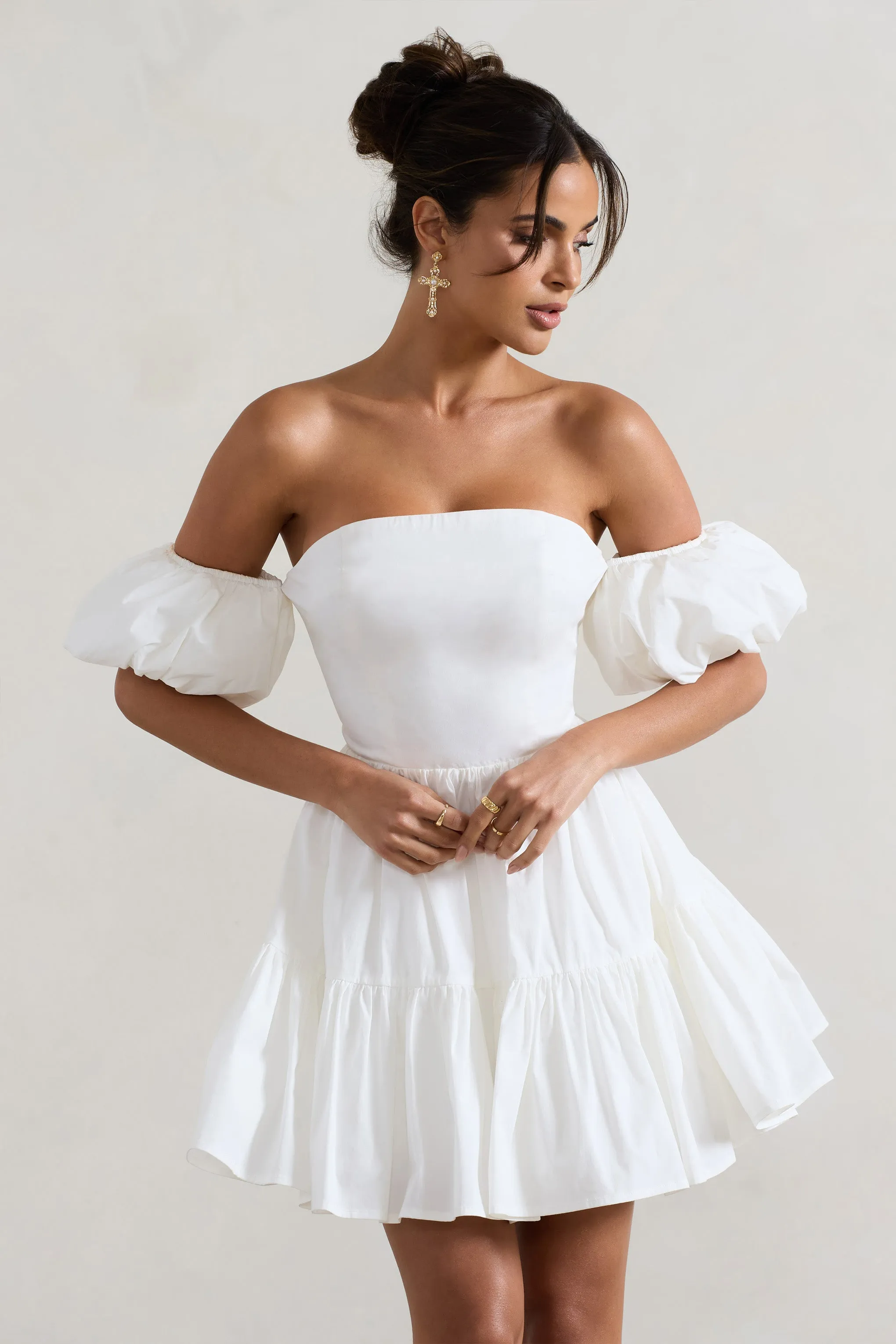Lani | White Poplin Bardot Tiered Mini Dress With Puff Sleeves sold by Club L London product image thumbnail 3