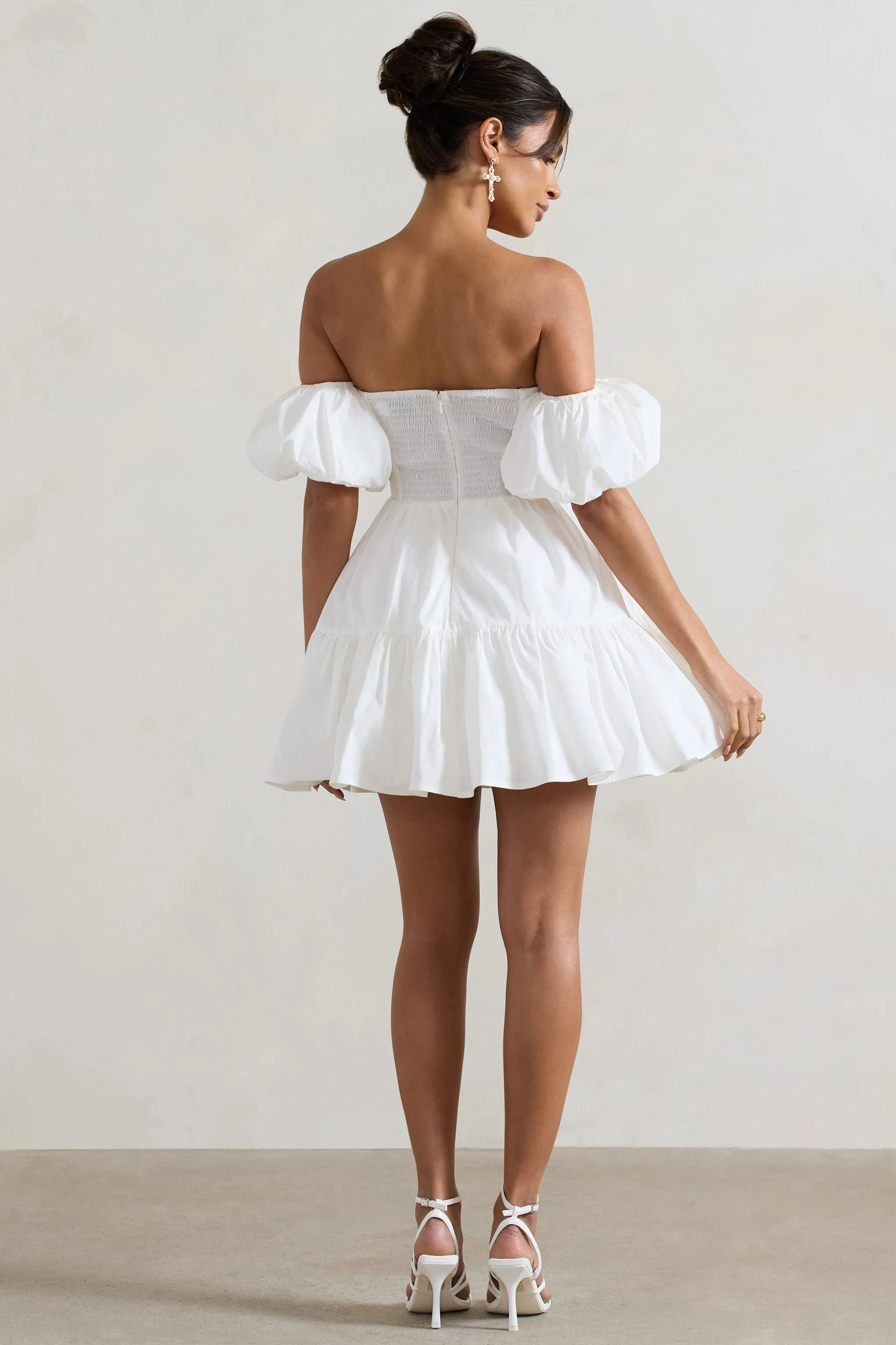 Lani | White Poplin Bardot Tiered Mini Dress With Puff Sleeves sold by Club L London product image thumbnail 2
