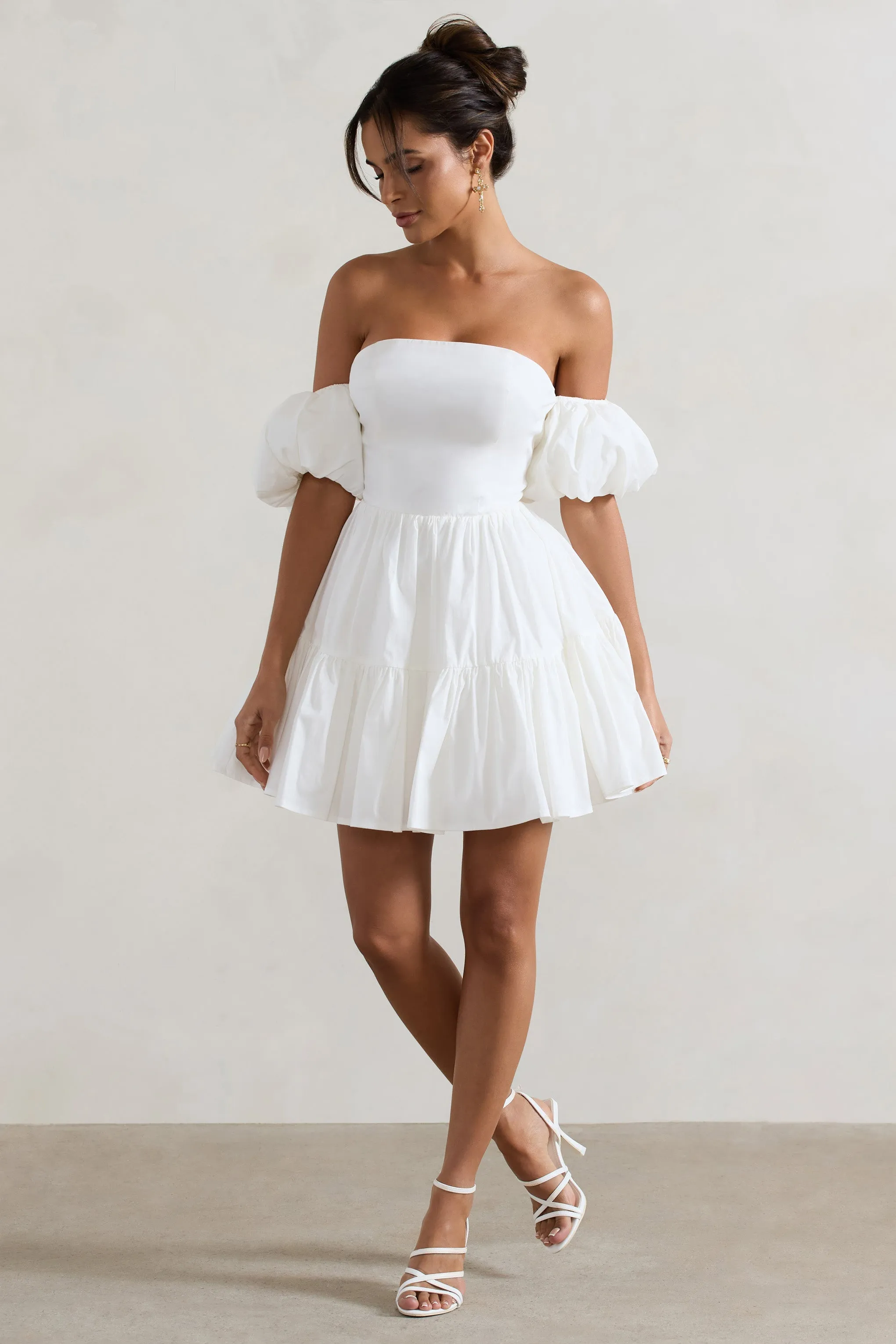 Lani | White Poplin Bardot Tiered Mini Dress With Puff Sleeves sold by Club L London product image thumbnail 5