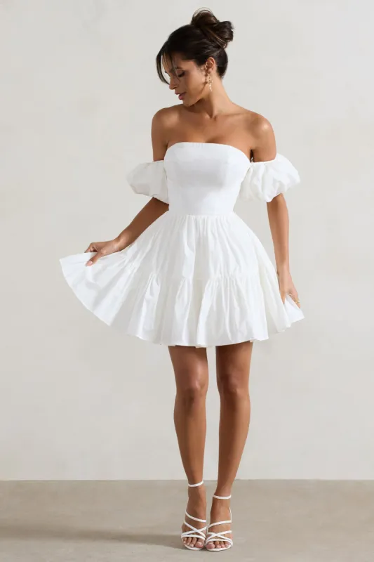 Lani | White Poplin Bardot Tiered Mini Dress With Puff Sleeves sold by Club L London