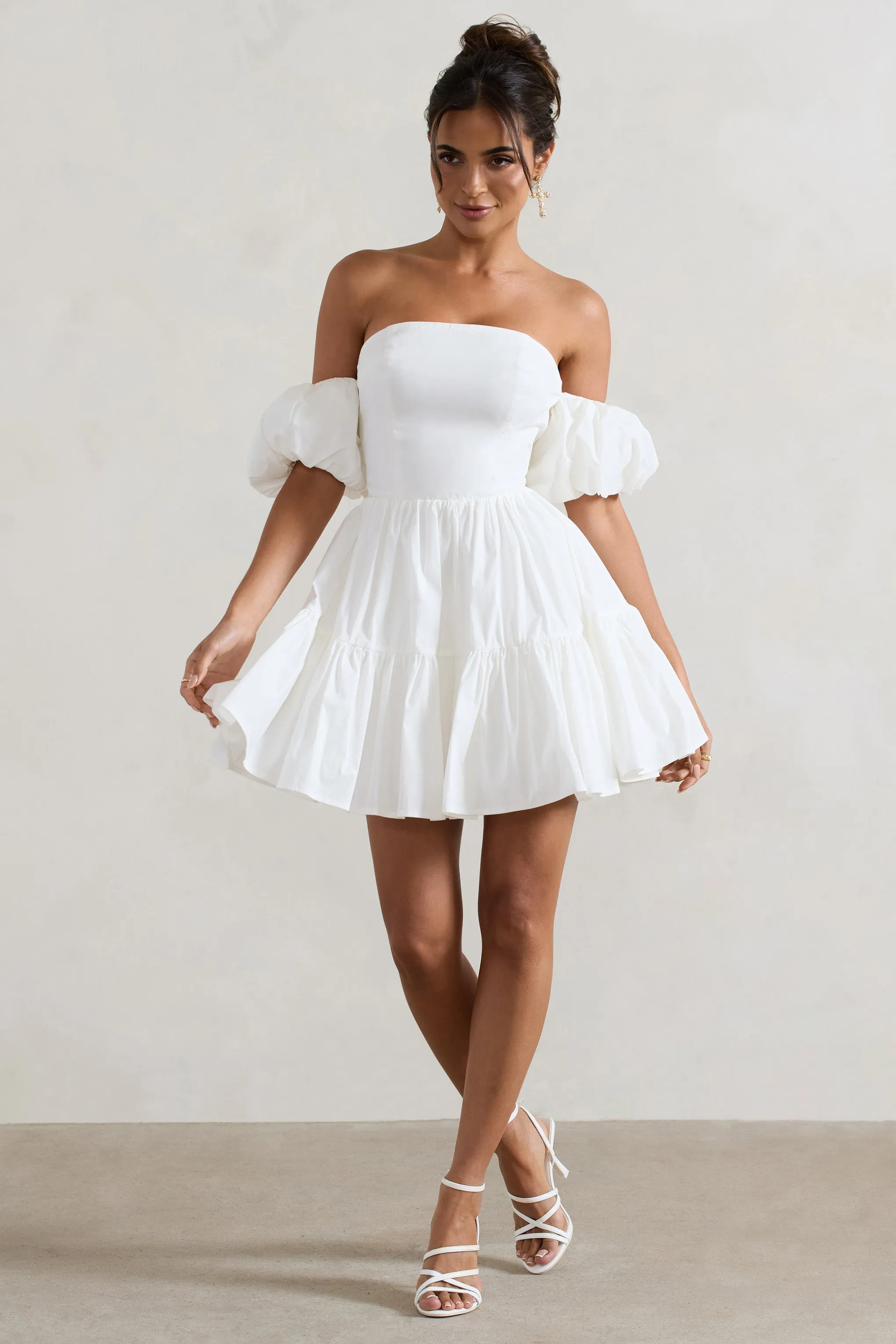 Lani | White Poplin Bardot Tiered Mini Dress With Puff Sleeves sold by Club L London product image thumbnail 4