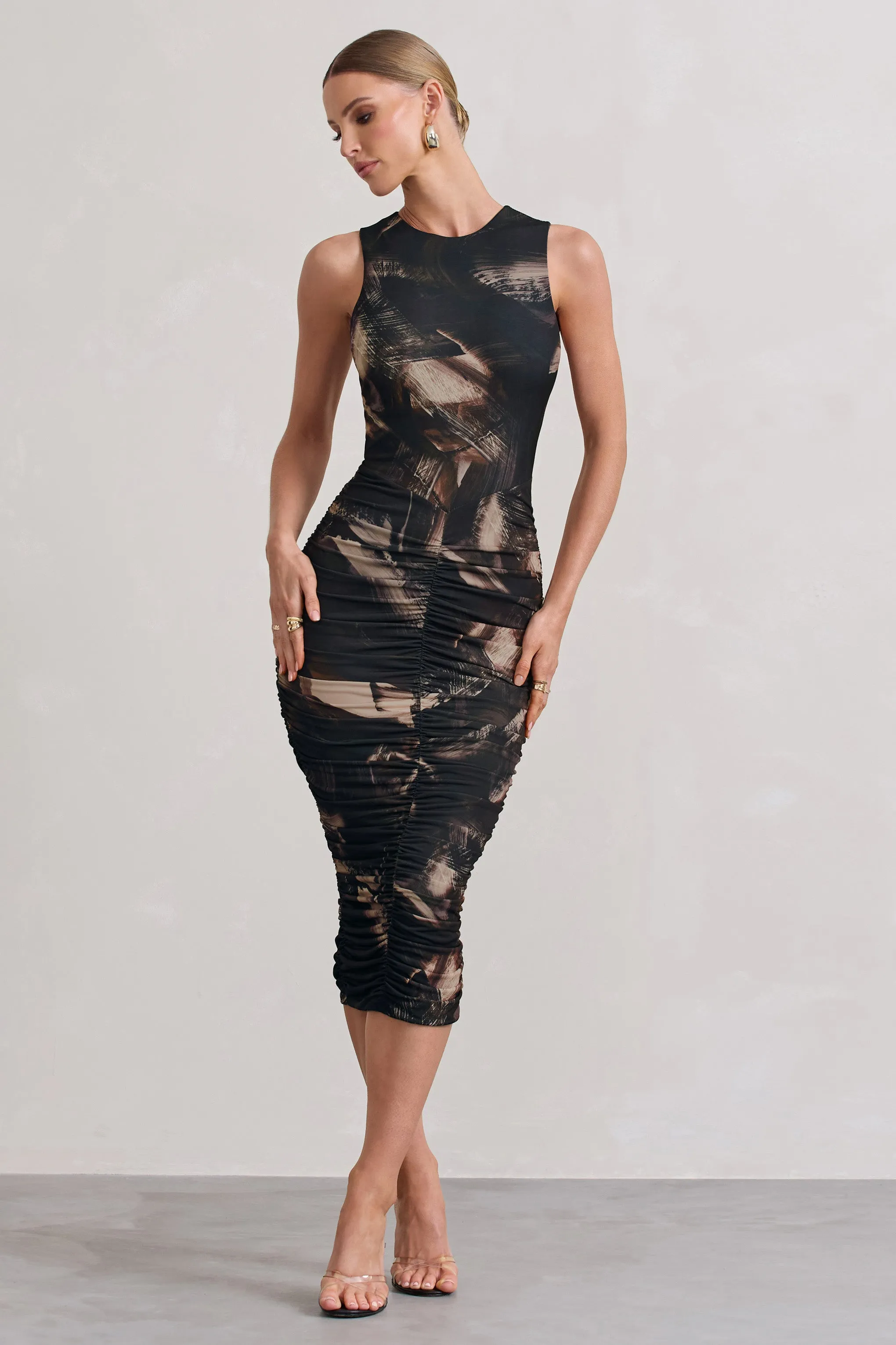 Antonia | Brown Print Sleeveless Ruched Bodycon Midi Dress sold by Club L London