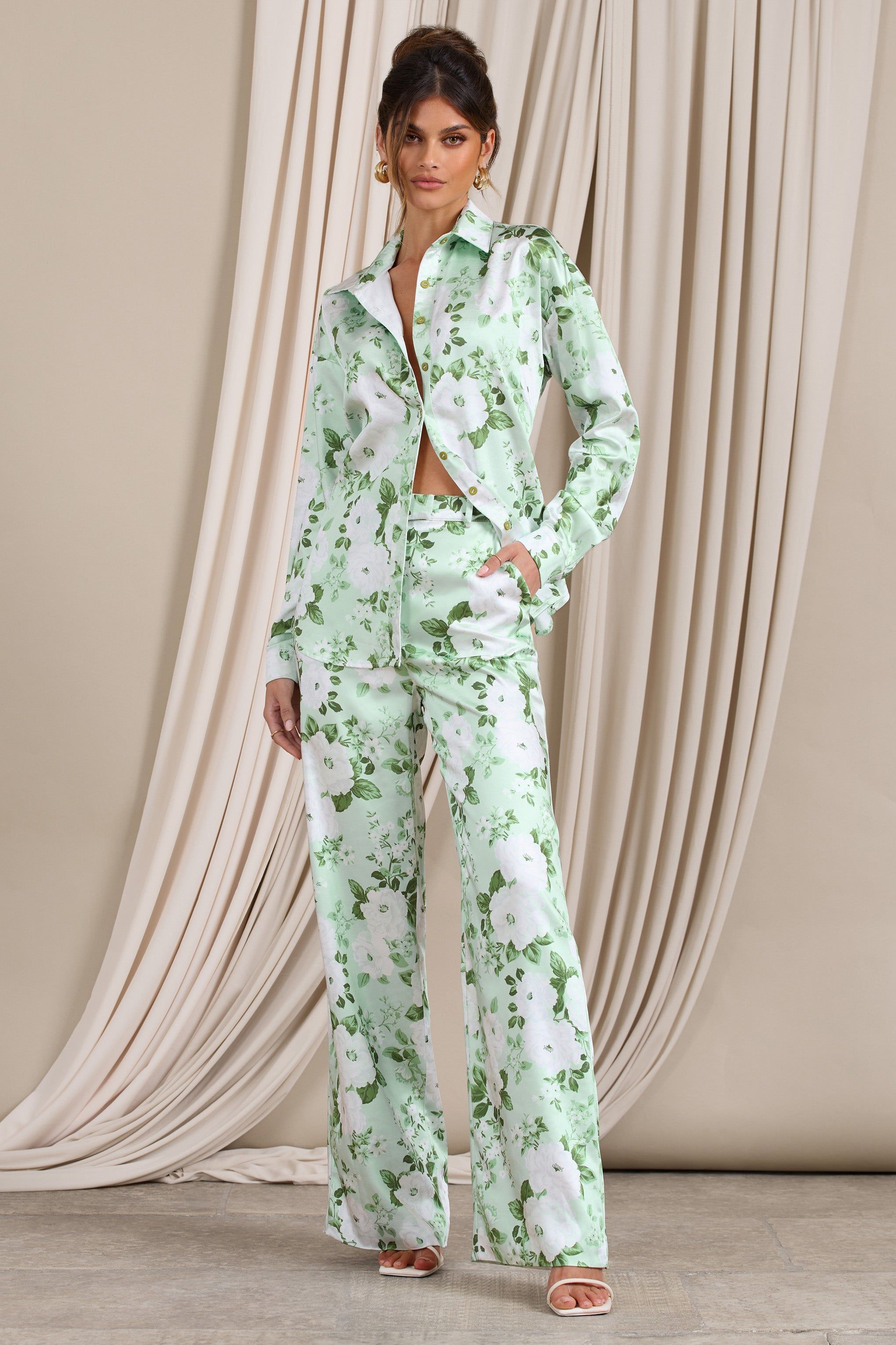 No Limits | White & Green Floral Print Satin Wide Leg Trousers sold by Club L London product image thumbnail 4