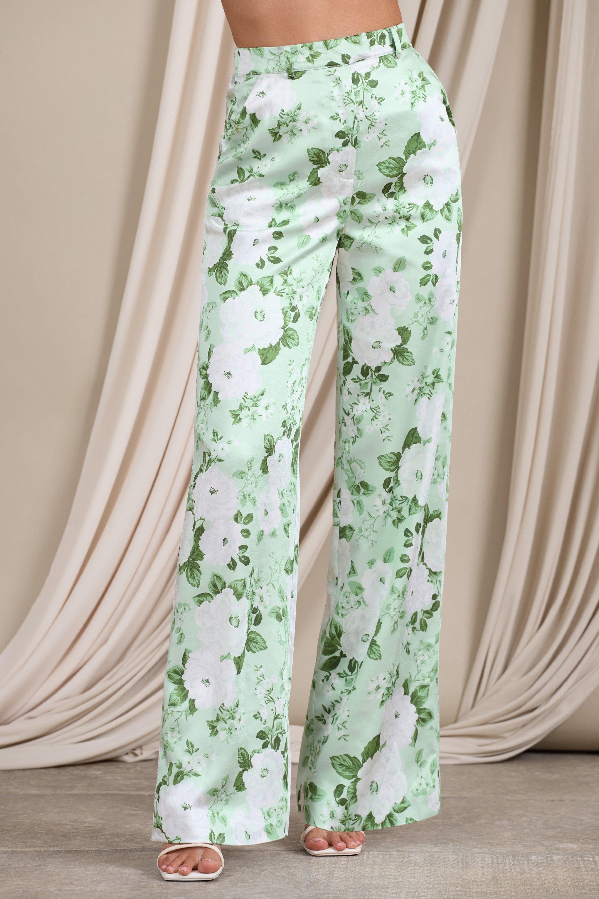 No Limits | White & Green Floral Print Satin Wide Leg Trousers sold by Club L London product image thumbnail 3