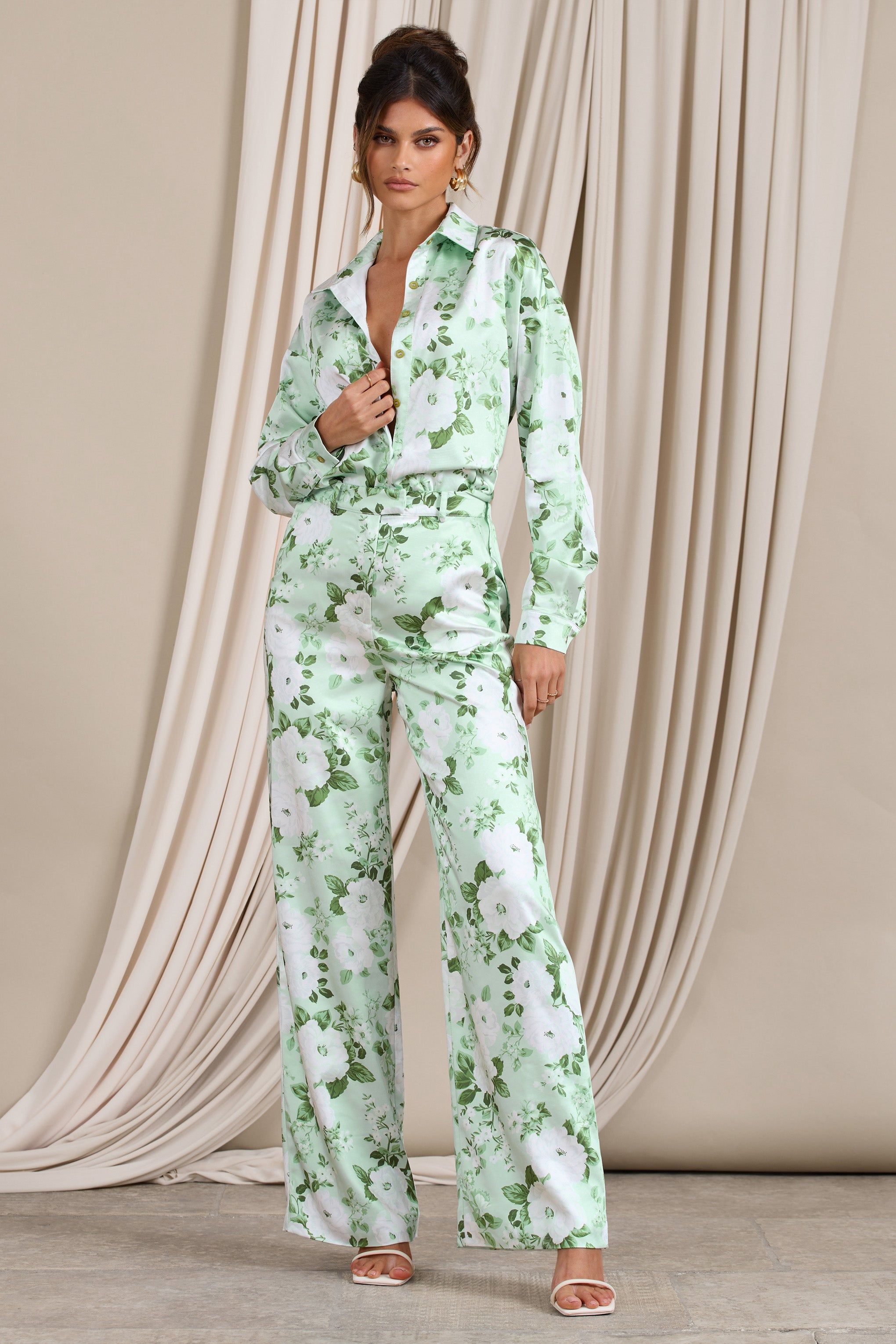No Limits | White & Green Floral Print Satin Wide Leg Trousers sold by Club L London product image thumbnail 6