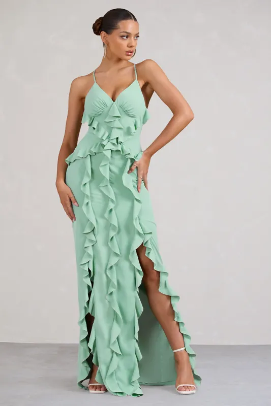Syrah | Mint Green Chiffon Ruffle Cami Maxi Dress sold by Club L London