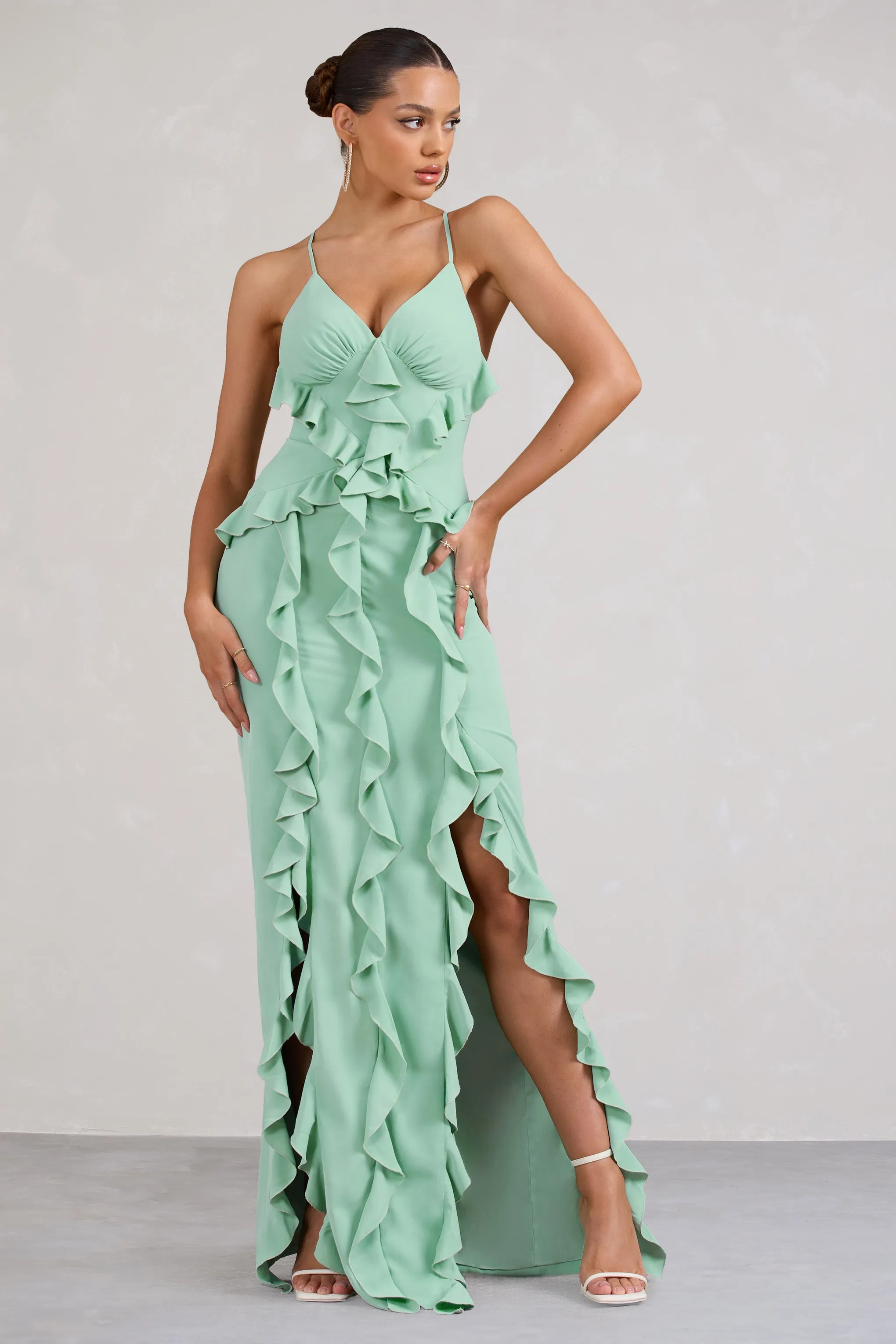 Syrah | Mint Green Chiffon Ruffle Cami Maxi Dress sold by Club L London