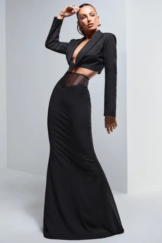 Ivanna | Black High Waist Maxi Skirt With Mesh Corset sold by Club L London
