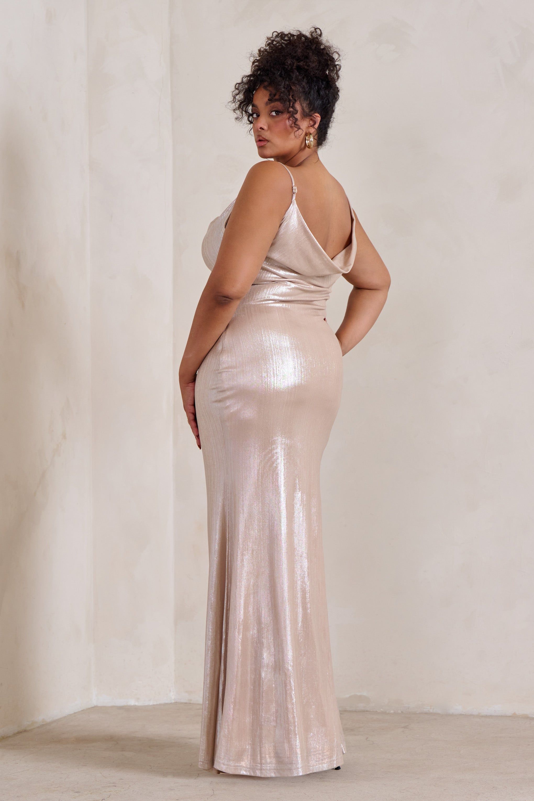 Galaxy Shimmer | Gold Bias Cut Cowl Front Maxi Dress sold by Club L London product image thumbnail 6