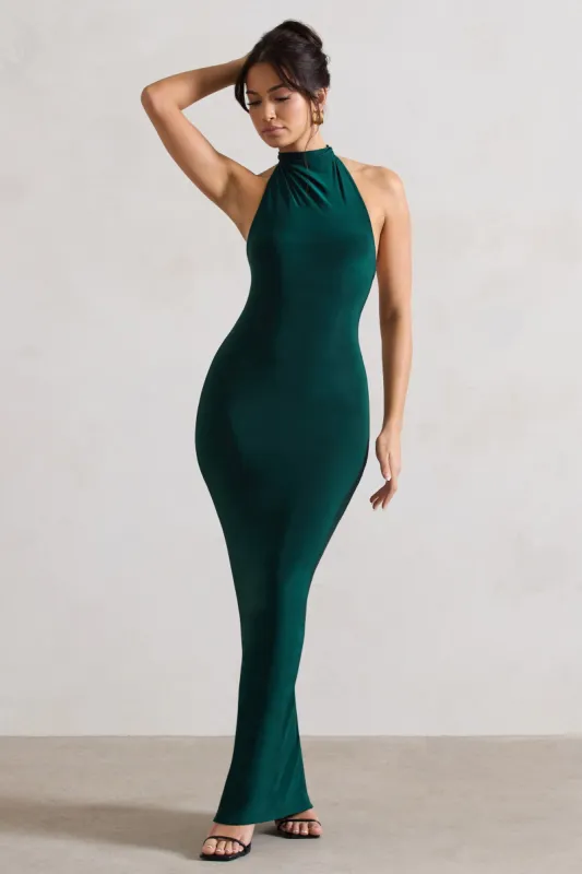 Larisa | Bottle Green Cowl Halter-Neck Maxi Dress With Back Detail sold by Club L London
