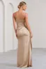 Buckingham | Champagne Satin Pleated Split Maxi Dress sold by Club L London