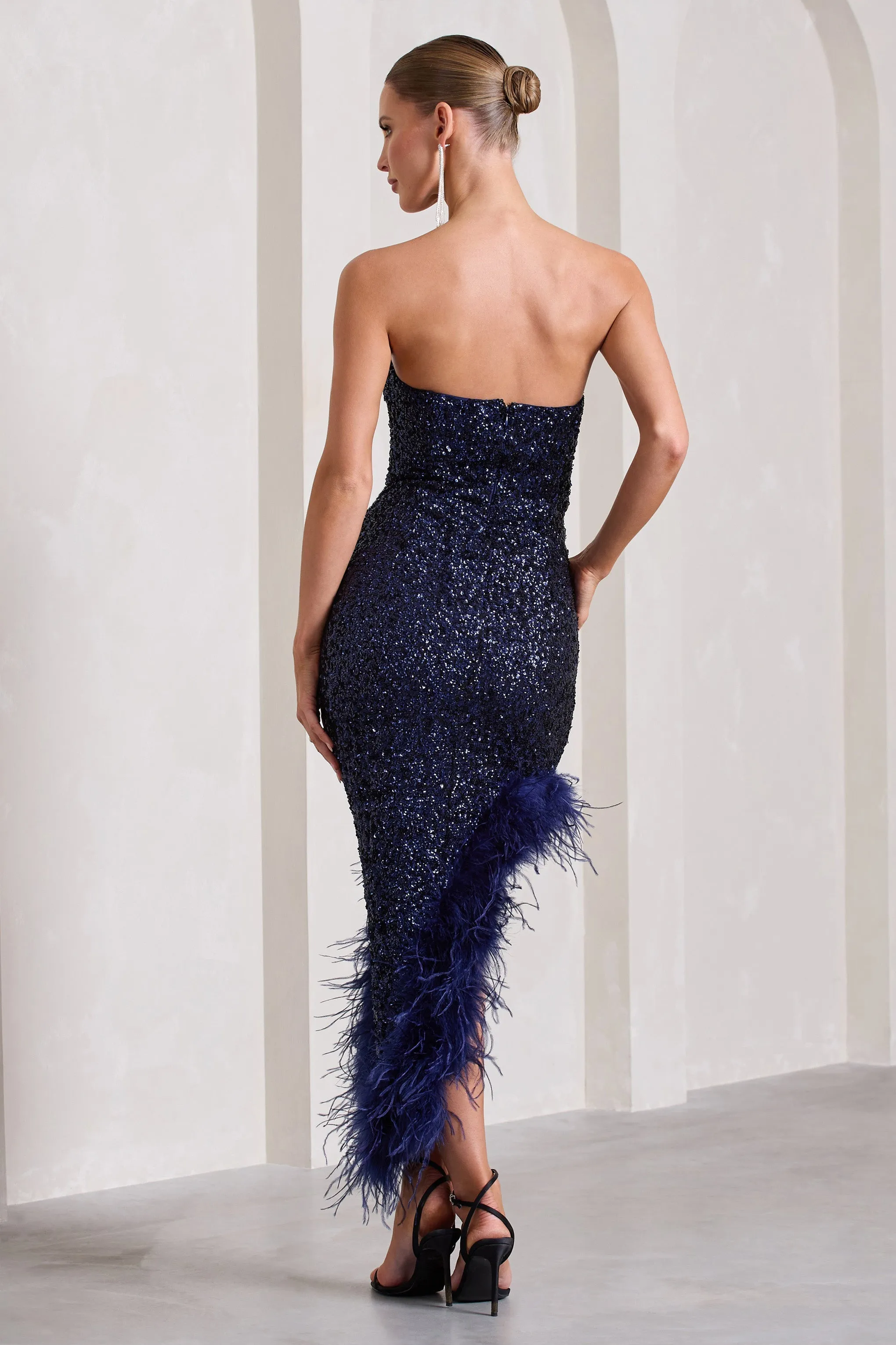 Emulate | Navy Sequin Asymmetric Bandeau Maxi Dress With Feathers sold by Club L London product image thumbnail 2