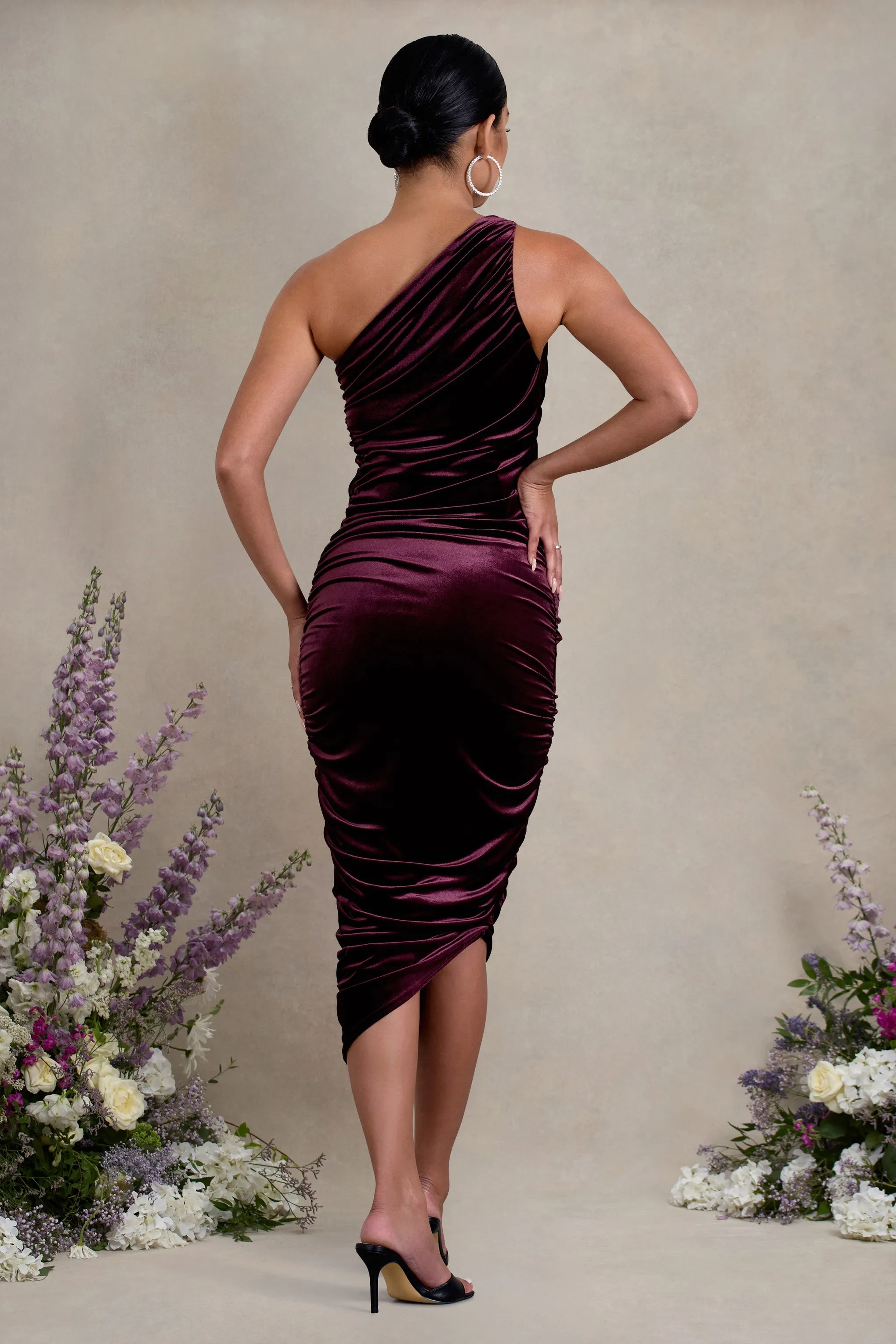 Late Night | Port Velvet Maternity Ruched One Shoulder Midi Dress sold by Club L London product image thumbnail 2