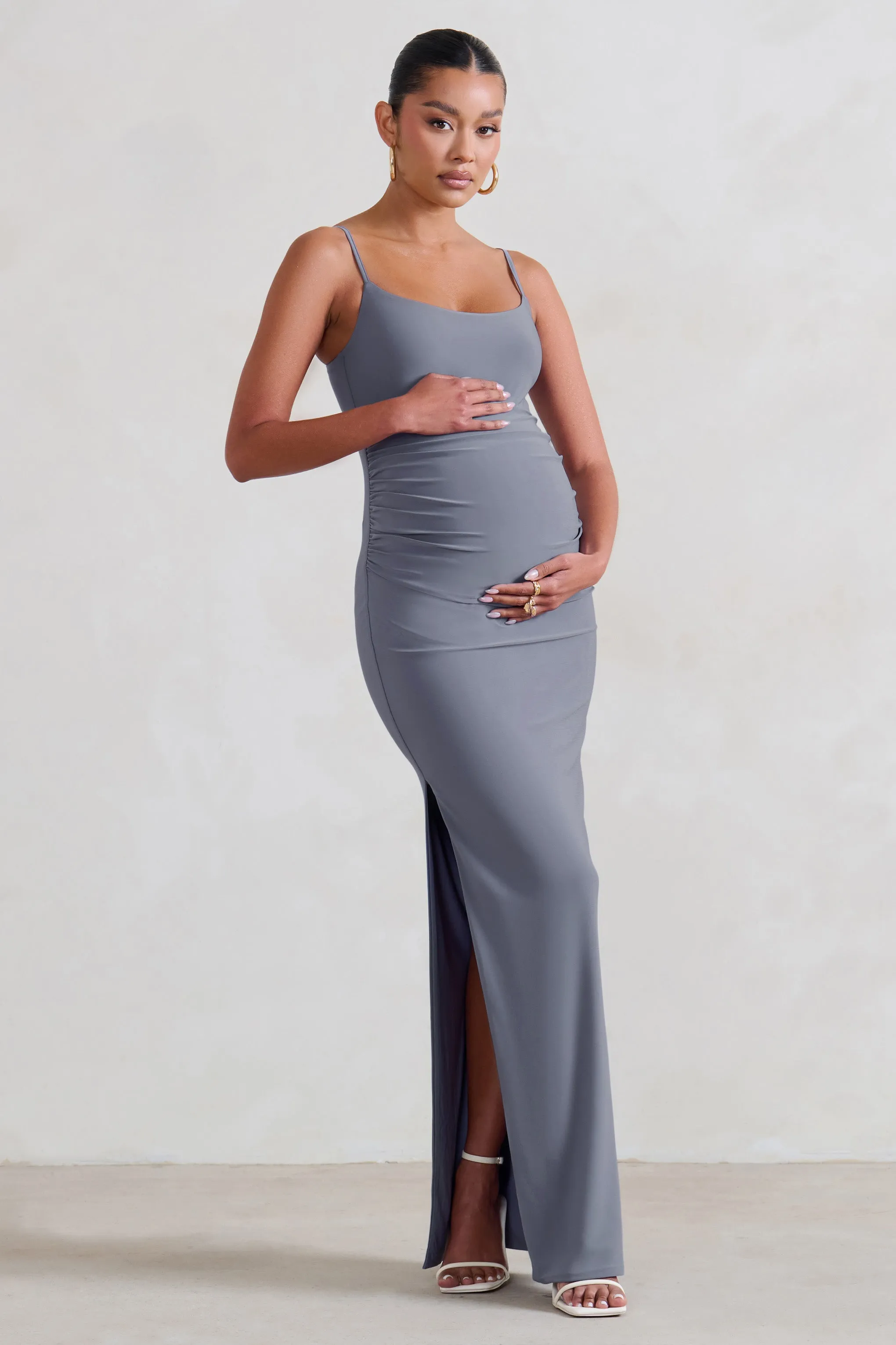 Aurelia | Grey Maternity Cami Maxi Dress With Split sold by Club L London