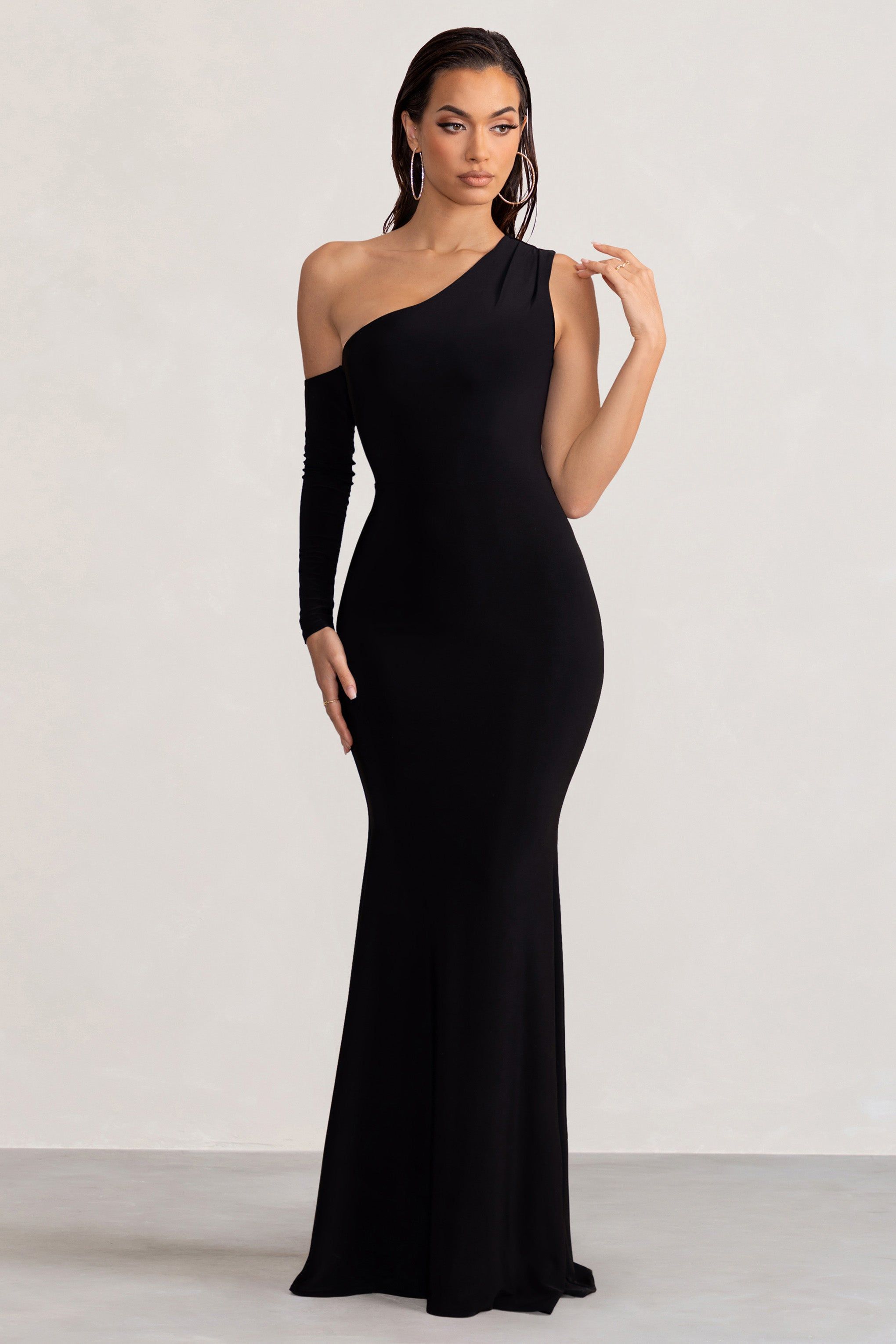 Baylor | Black One Shoulder Asymmetric Maxi Dress sold by Club L London
