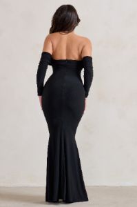 Midnight | Black Draped Long Sleeve Maxi Dress sold by Club L London
